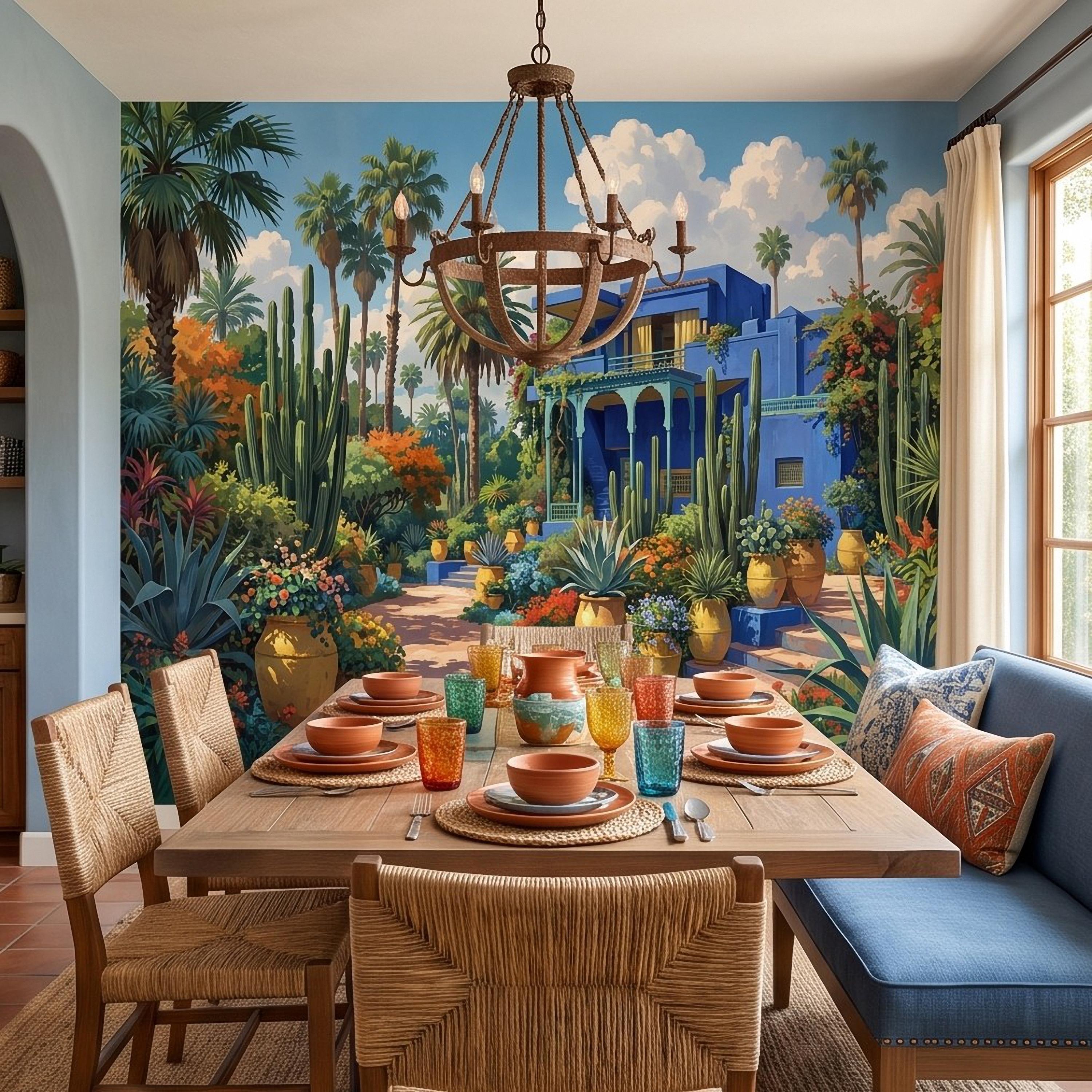 Moroccan Garden Peel and Stick Wall Mural, Majorelle Blue Villa Tropical Palm Cactus Courtyard Colorful Mediterranean Landscape Wallpaper