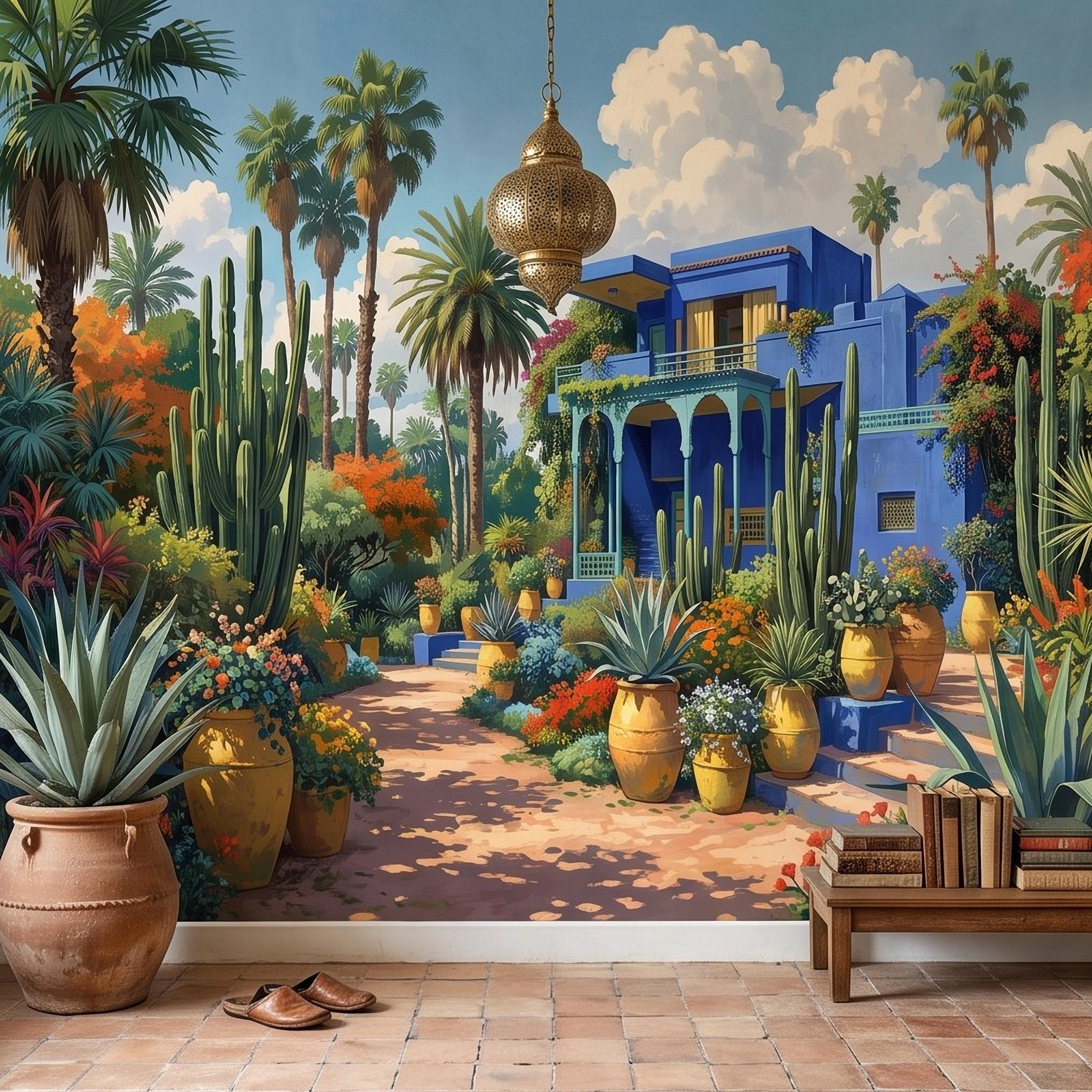 Moroccan Garden Peel and Stick Wall Mural, Majorelle Blue Villa Tropical Palm Cactus Courtyard Colorful Mediterranean Landscape Wallpaper