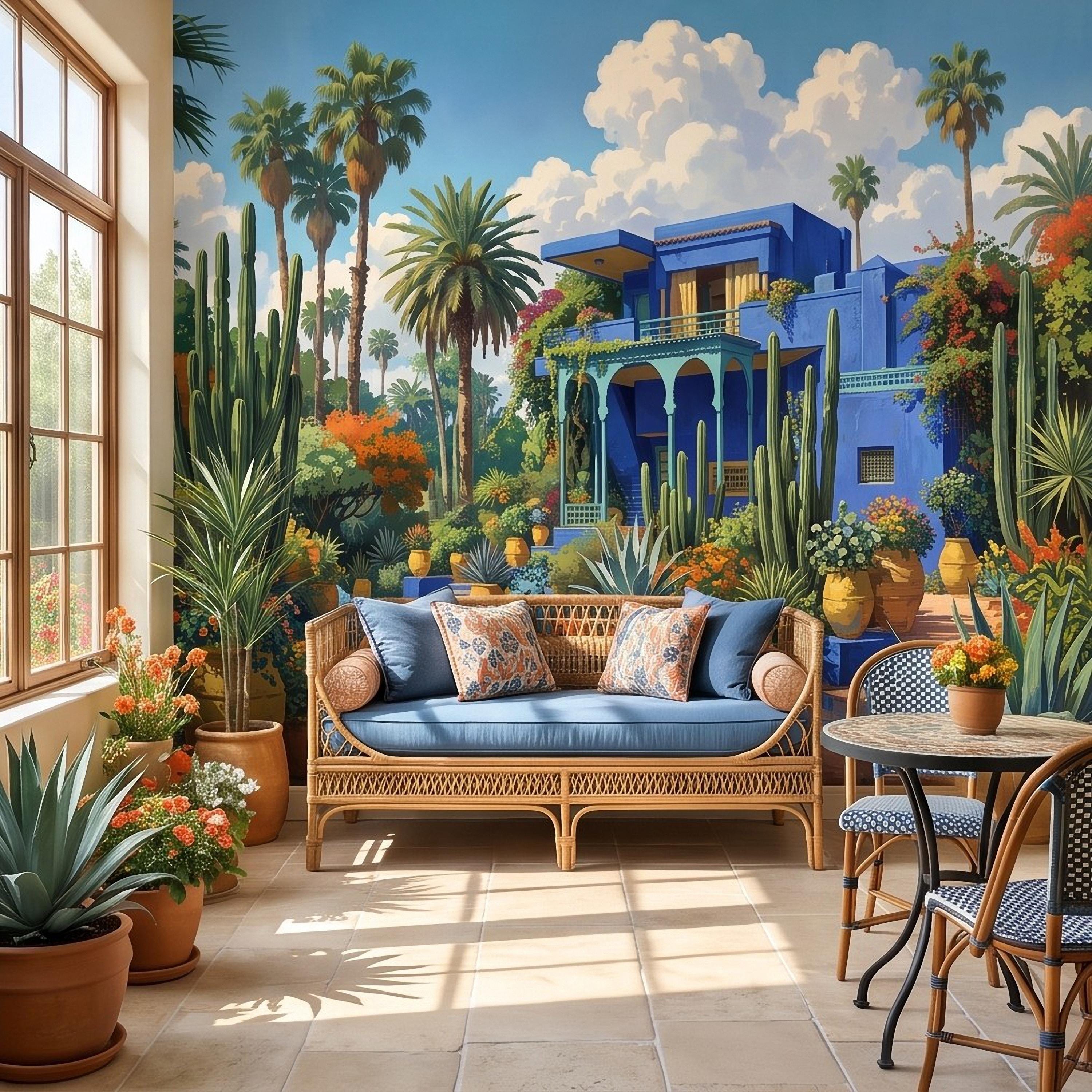 Moroccan Garden Peel and Stick Wall Mural, Majorelle Blue Villa Tropical Palm Cactus Courtyard Colorful Mediterranean Landscape Wallpaper
