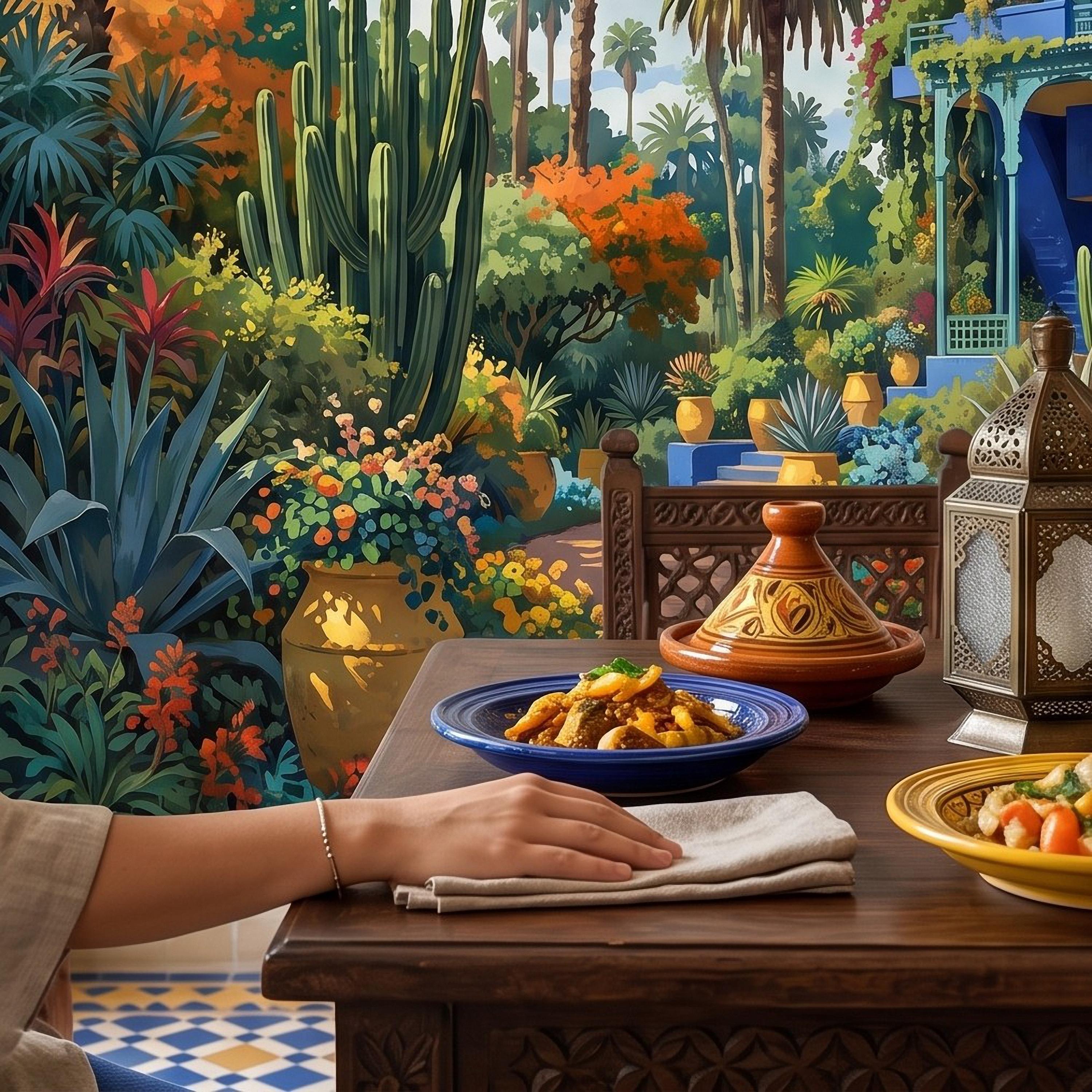 Moroccan Garden Peel and Stick Wall Mural, Majorelle Blue Villa Tropical Palm Cactus Courtyard Colorful Mediterranean Landscape Wallpaper