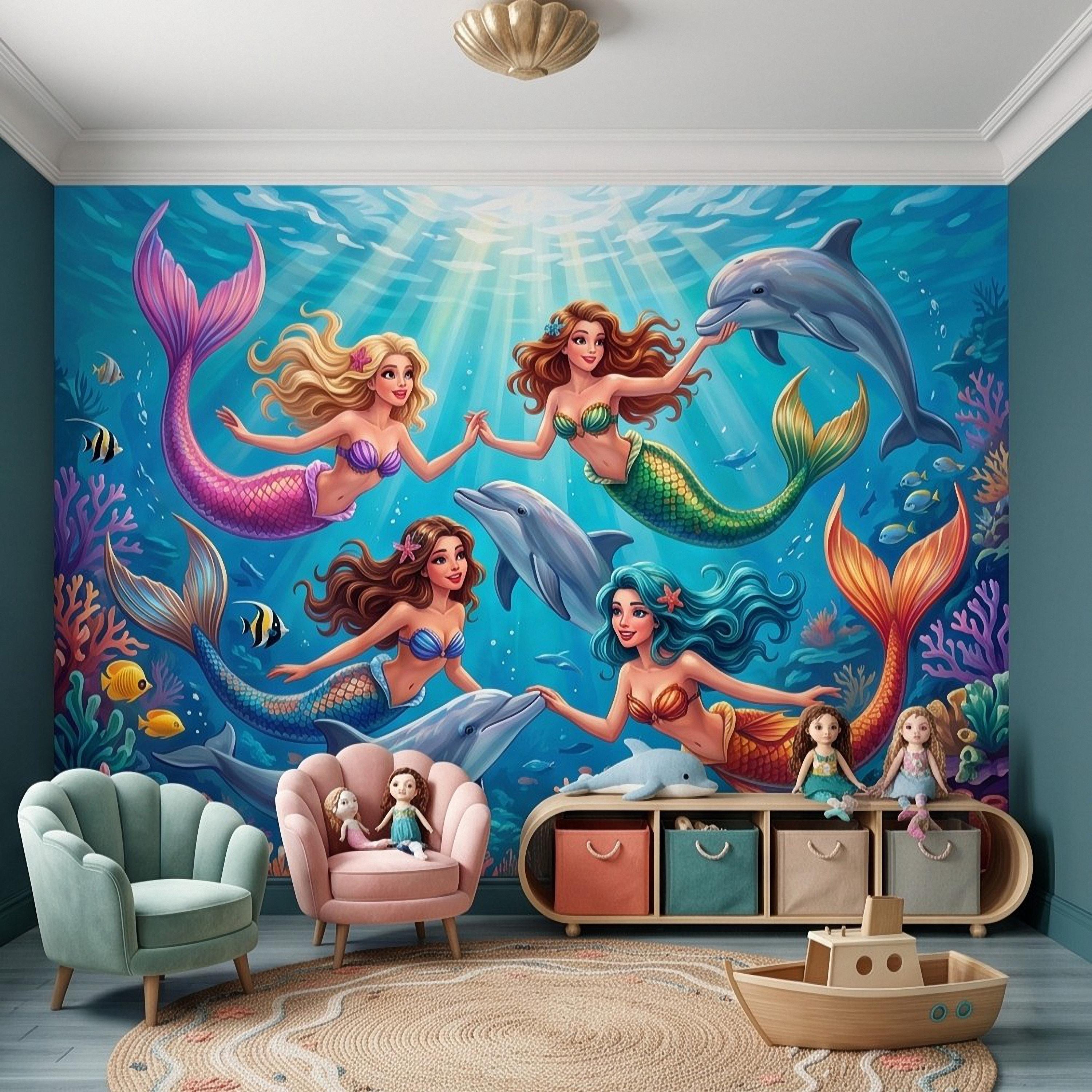 Mermaid Ocean Peel and Stick Wall Mural, Underwater Mermaid and Dolphin Adventure Colorful Coral Reef Fantasy Kids Illustration Wallpaper