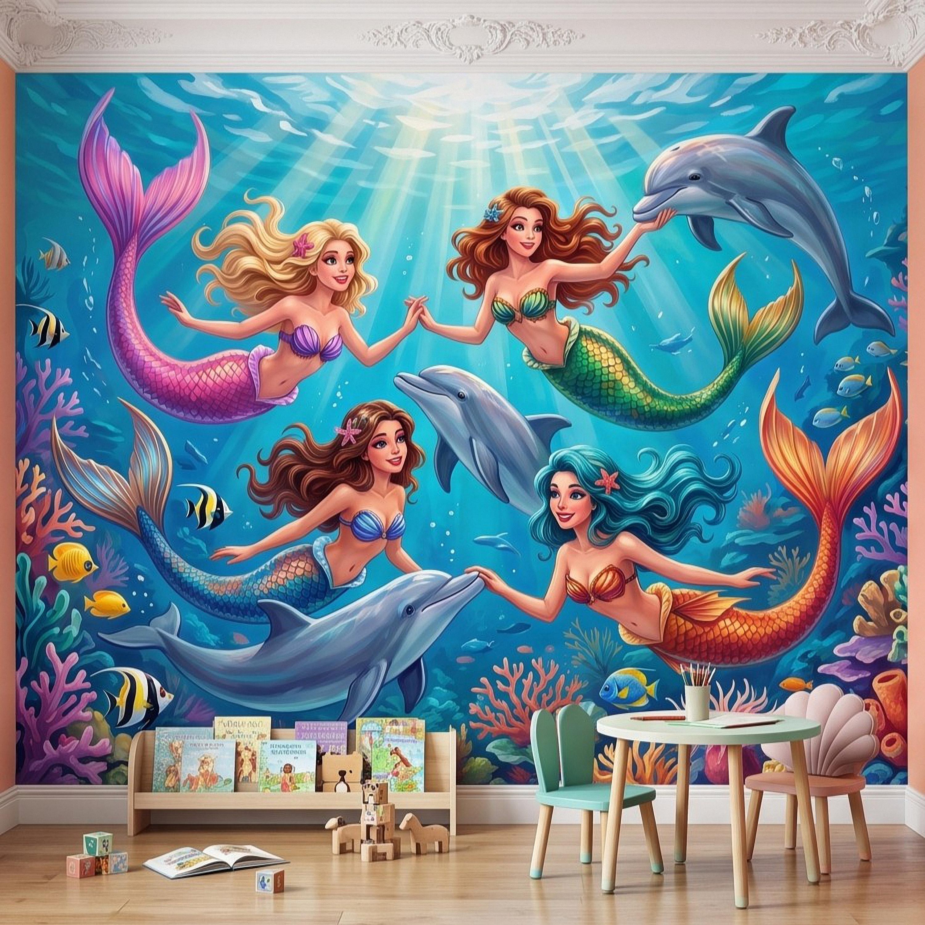 Mermaid Ocean Peel and Stick Wall Mural, Underwater Mermaid and Dolphin Adventure Colorful Coral Reef Fantasy Kids Illustration Wallpaper
