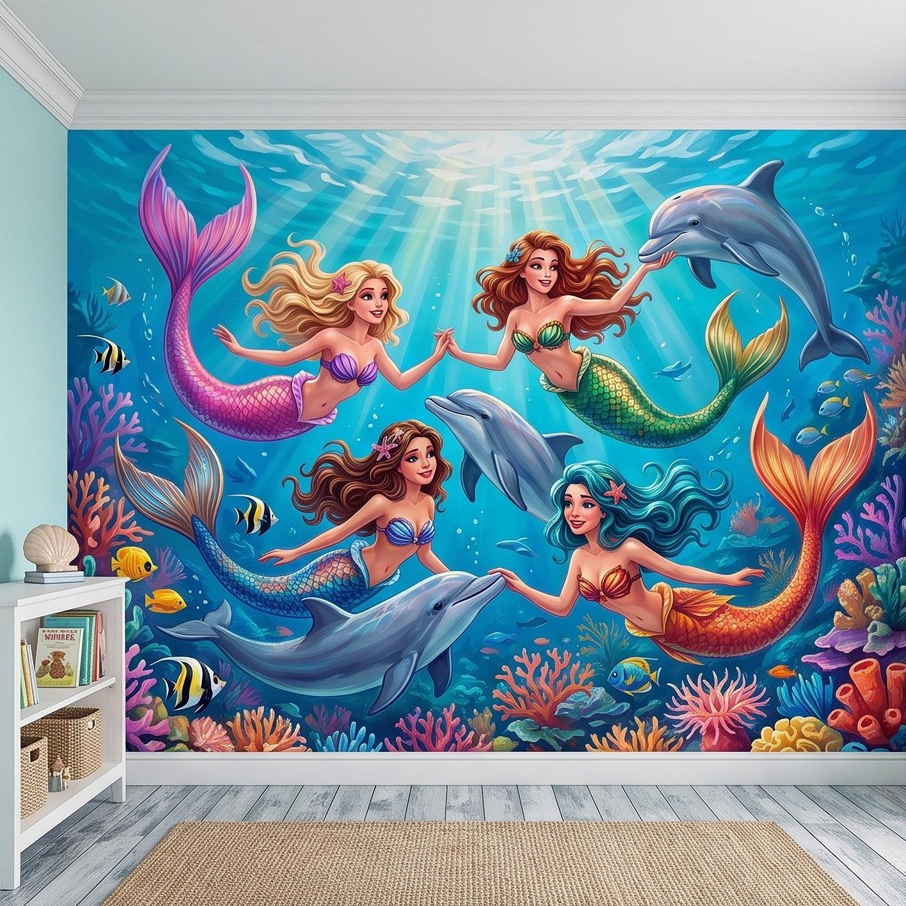 Mermaid Ocean Peel and Stick Wall Mural, Underwater Mermaid and Dolphin Adventure Colorful Coral Reef Fantasy Kids Illustration Wallpaper