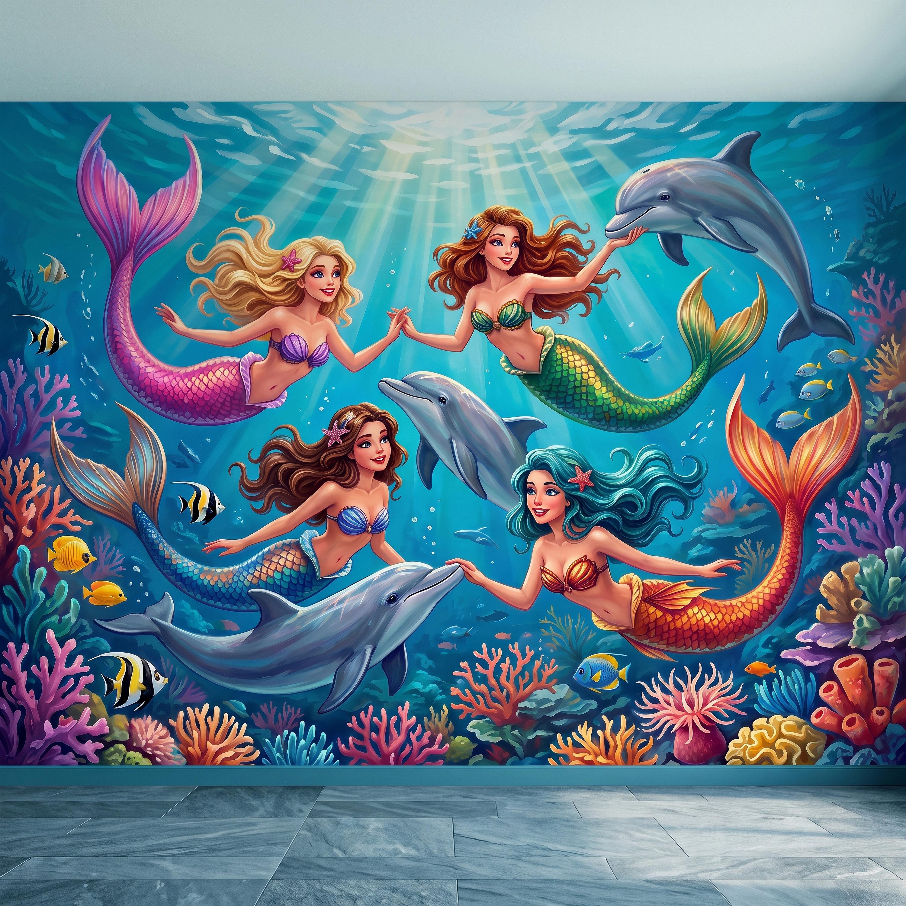 Mermaid Ocean Peel and Stick Wall Mural, Underwater Mermaid and Dolphin Adventure Colorful Coral Reef Fantasy Kids Illustration Wallpaper