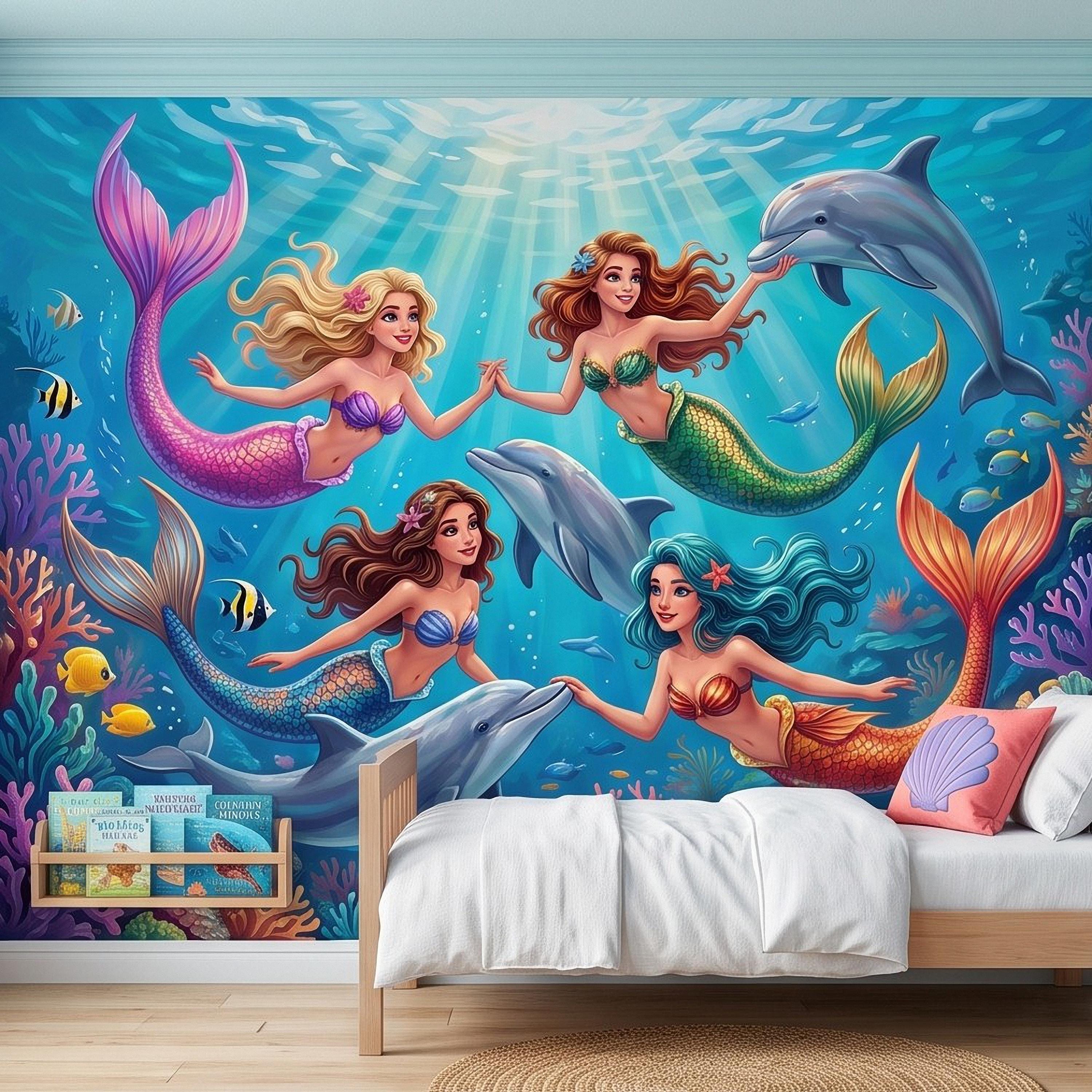 Mermaid Ocean Peel and Stick Wall Mural, Underwater Mermaid and Dolphin Adventure Colorful Coral Reef Fantasy Kids Illustration Wallpaper