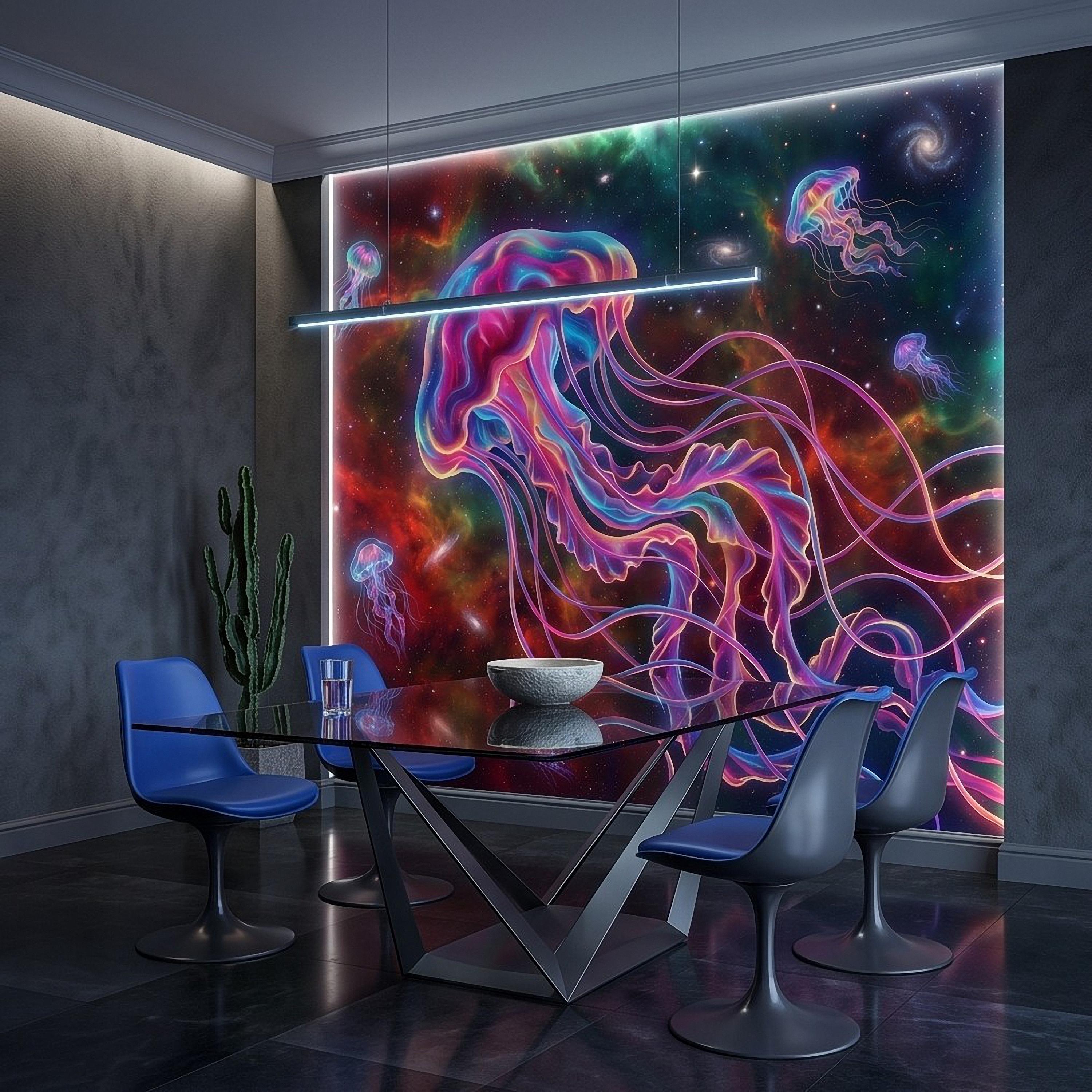 Cosmic Jellyfish Peel and Stick Wall Mural, Colorful Galaxy Nebula Space Fantasy Glowing Celestial Jellyfish Psychedelic Art Wallpaper