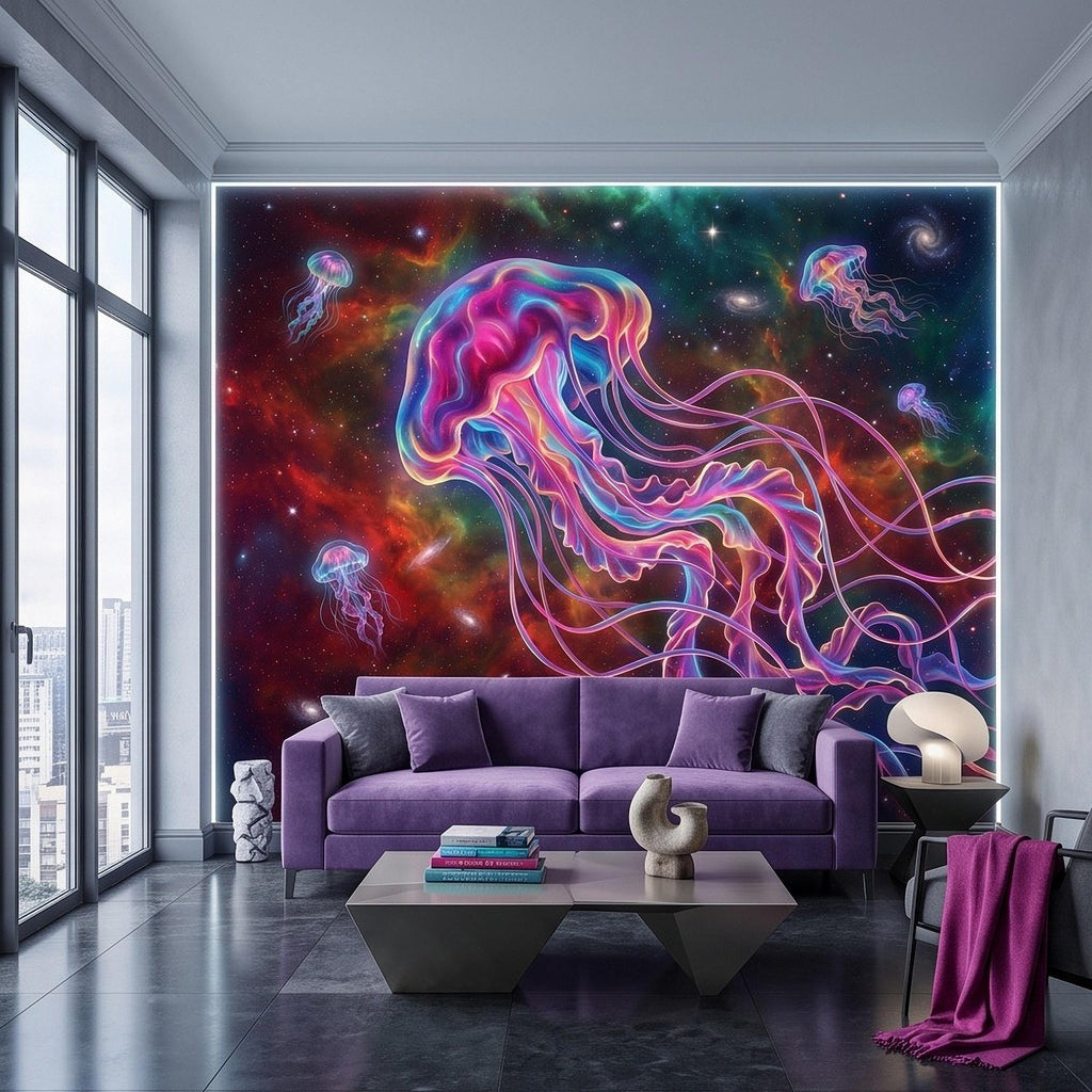 Cosmic Jellyfish Peel and Stick Wall Mural, Colorful Galaxy Nebula Space Fantasy Glowing Celestial Jellyfish Psychedelic Art Wallpaper