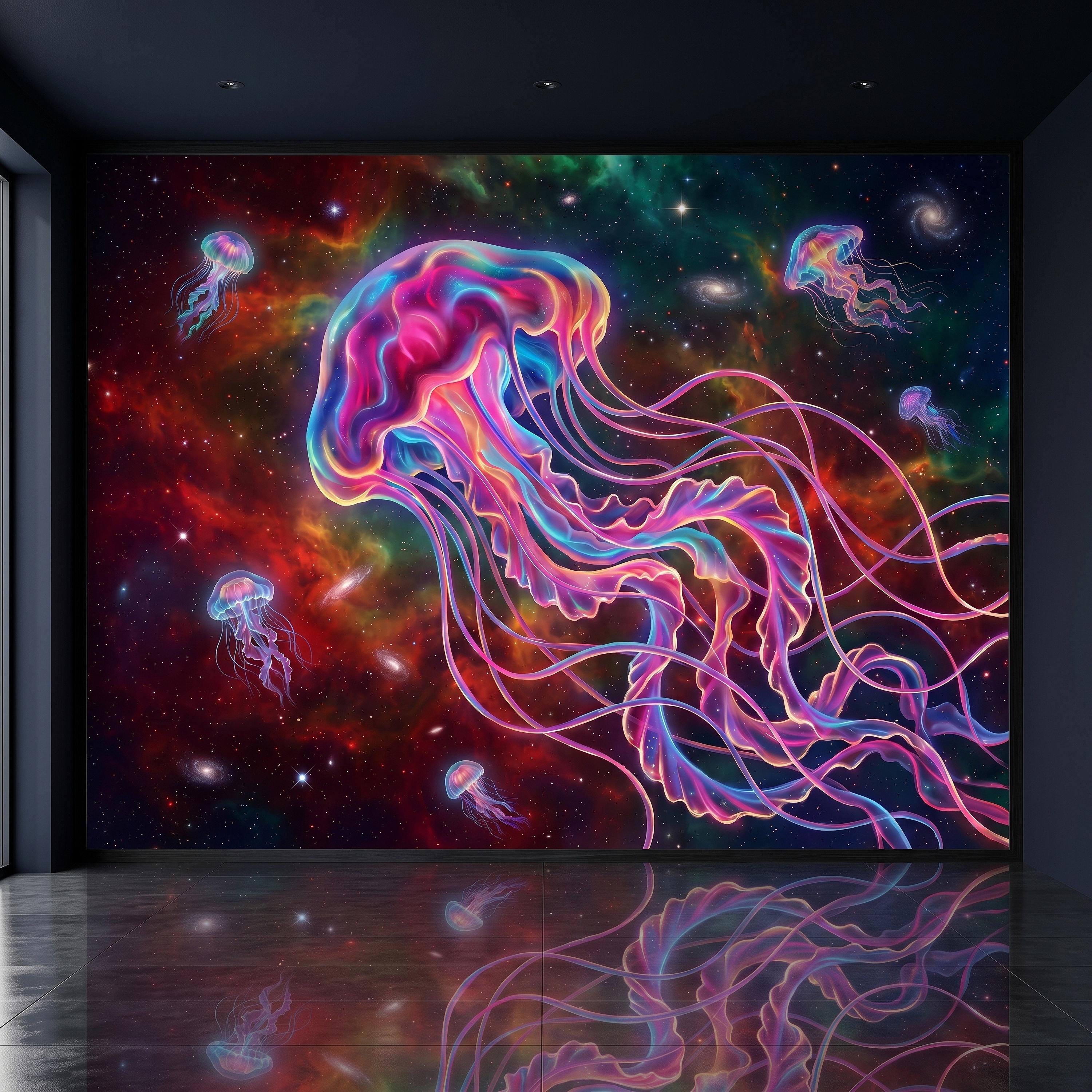 Cosmic Jellyfish Peel and Stick Wall Mural, Colorful Galaxy Nebula Space Fantasy Glowing Celestial Jellyfish Psychedelic Art Wallpaper