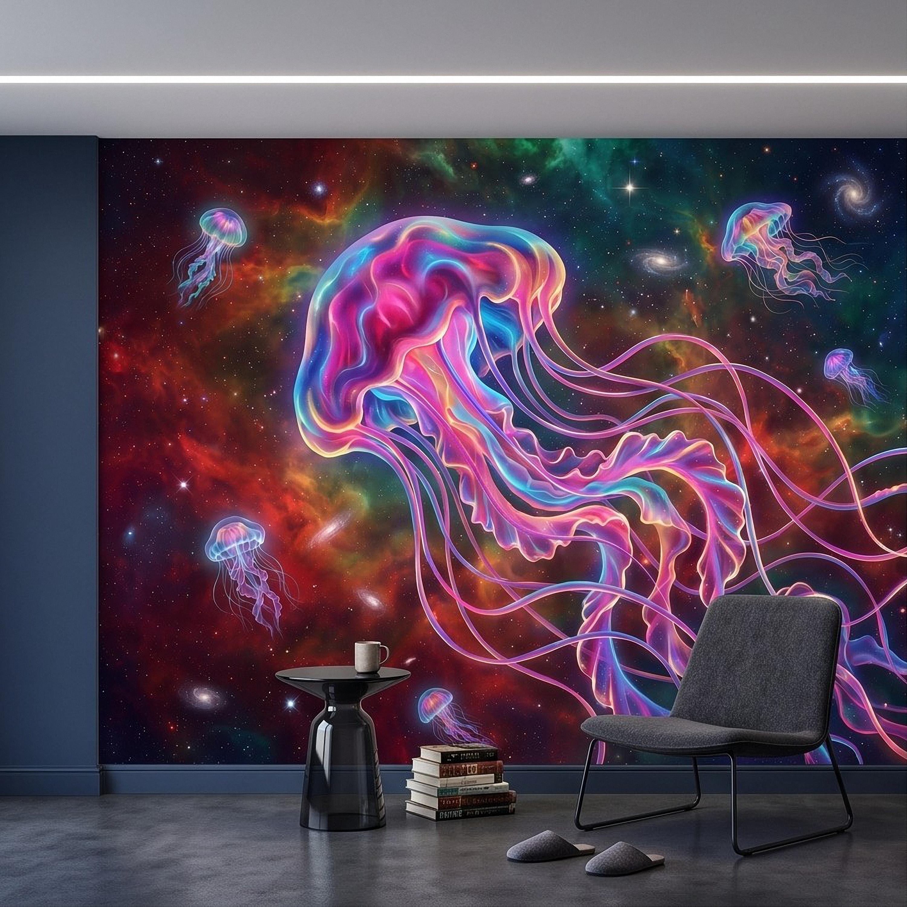 Cosmic Jellyfish Peel and Stick Wall Mural, Colorful Galaxy Nebula Space Fantasy Glowing Celestial Jellyfish Psychedelic Art Wallpaper