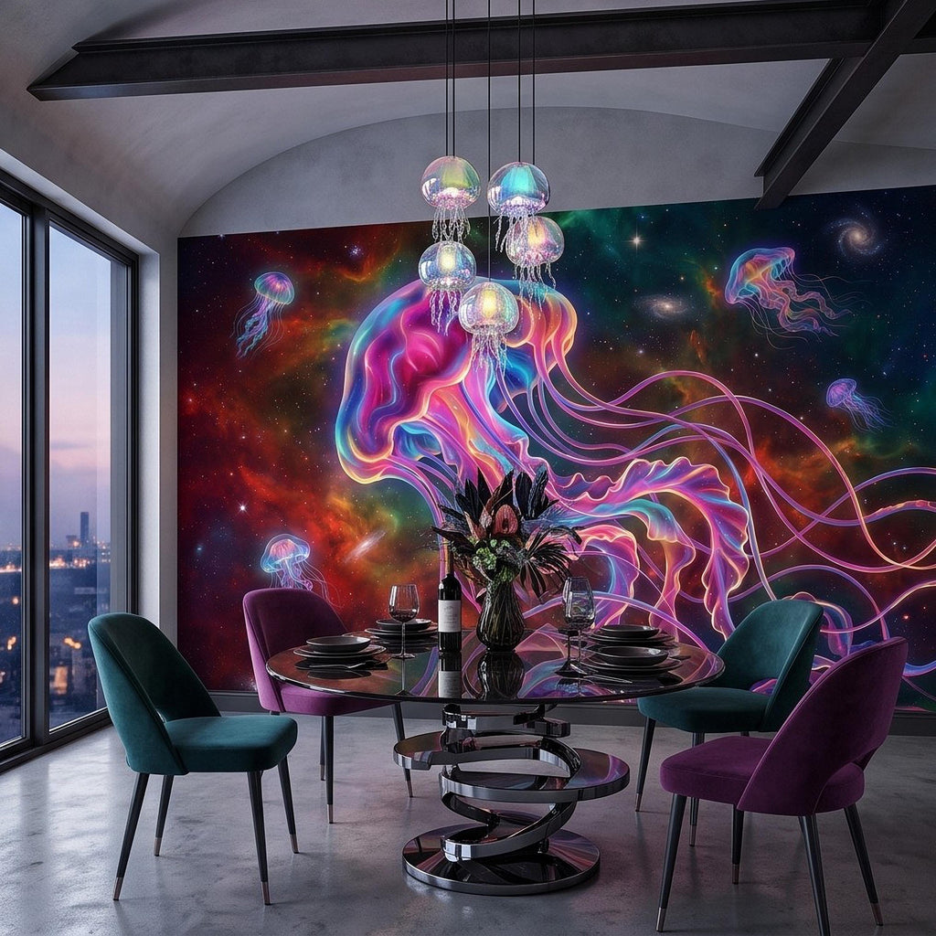 Cosmic Jellyfish Peel and Stick Wall Mural, Colorful Galaxy Nebula Space Fantasy Glowing Celestial Jellyfish Psychedelic Art Wallpaper
