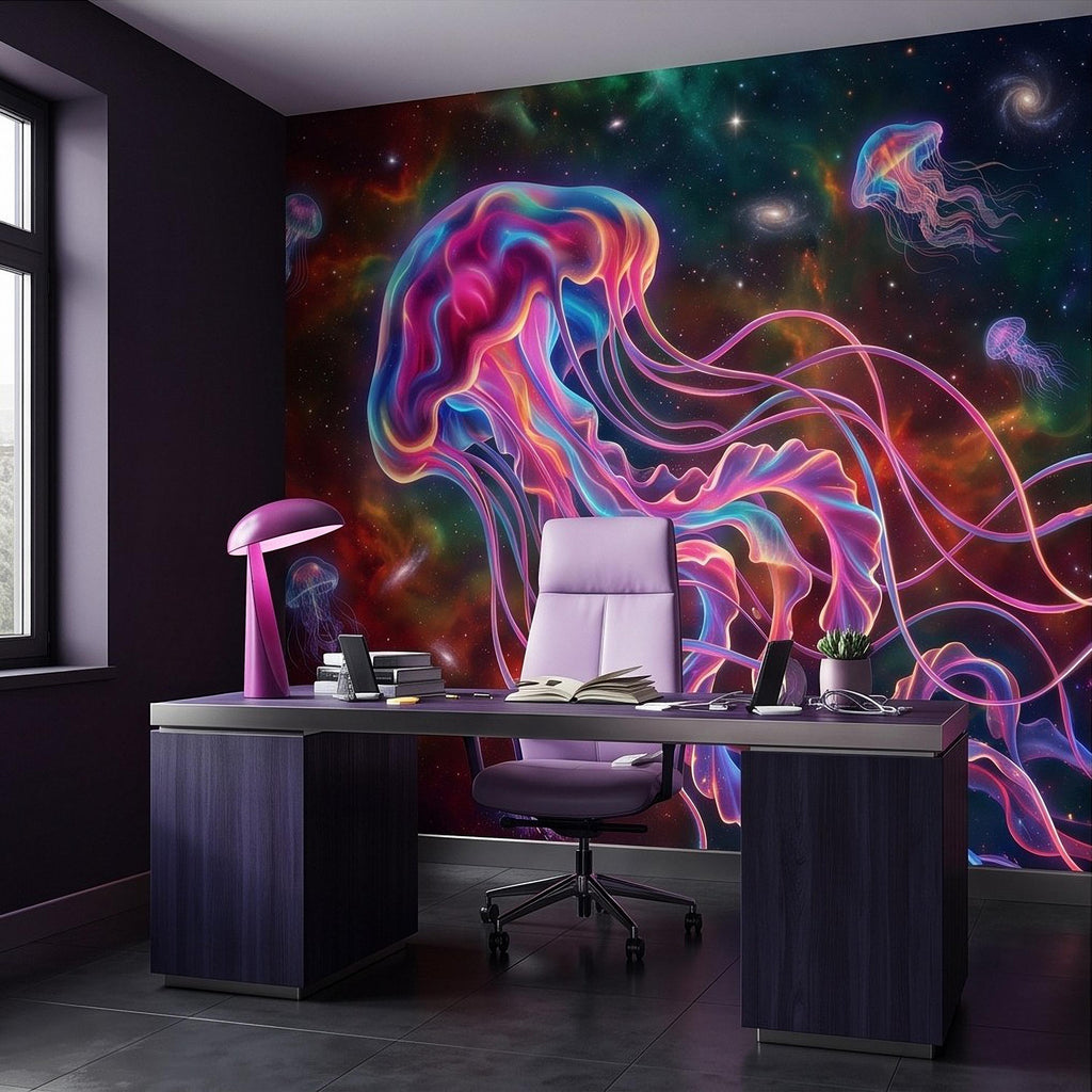 Cosmic Jellyfish Peel and Stick Wall Mural, Colorful Galaxy Nebula Space Fantasy Glowing Celestial Jellyfish Psychedelic Art Wallpaper