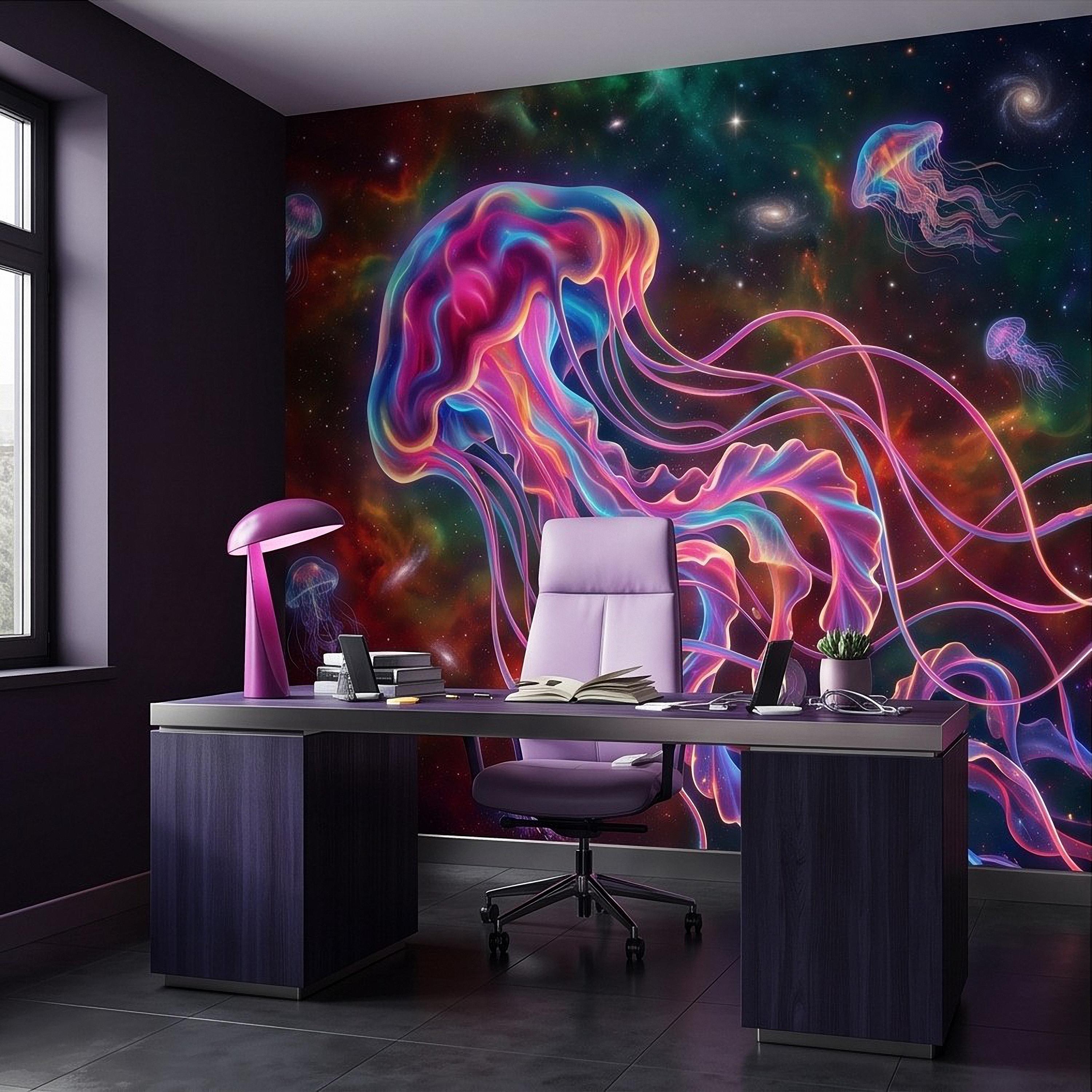 Cosmic Jellyfish Peel and Stick Wall Mural, Colorful Galaxy Nebula Space Fantasy Glowing Celestial Jellyfish Psychedelic Art Wallpaper