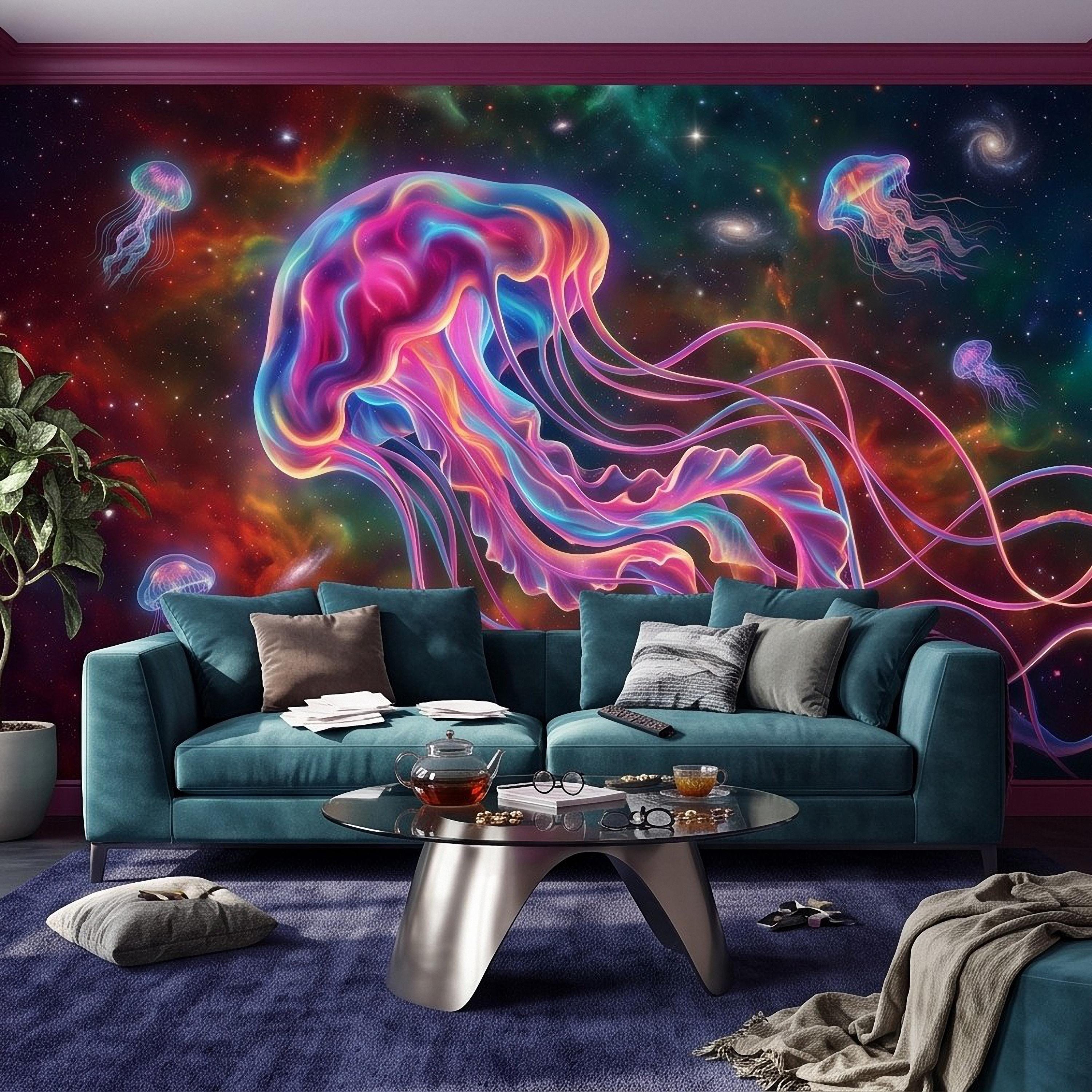 Cosmic Jellyfish Peel and Stick Wall Mural, Colorful Galaxy Nebula Space Fantasy Glowing Celestial Jellyfish Psychedelic Art Wallpaper
