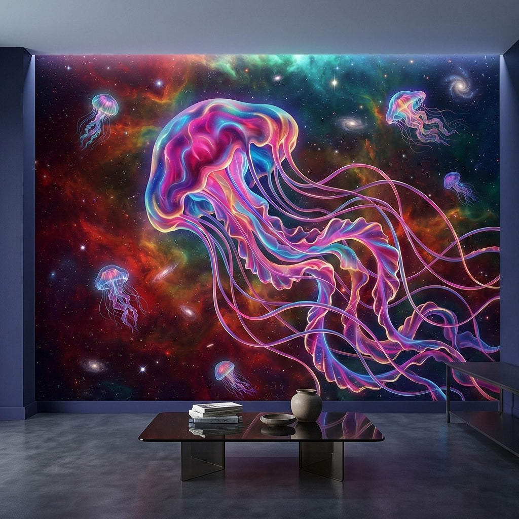 Cosmic Jellyfish Peel and Stick Wall Mural, Colorful Galaxy Nebula Space Fantasy Glowing Celestial Jellyfish Psychedelic Art Wallpaper