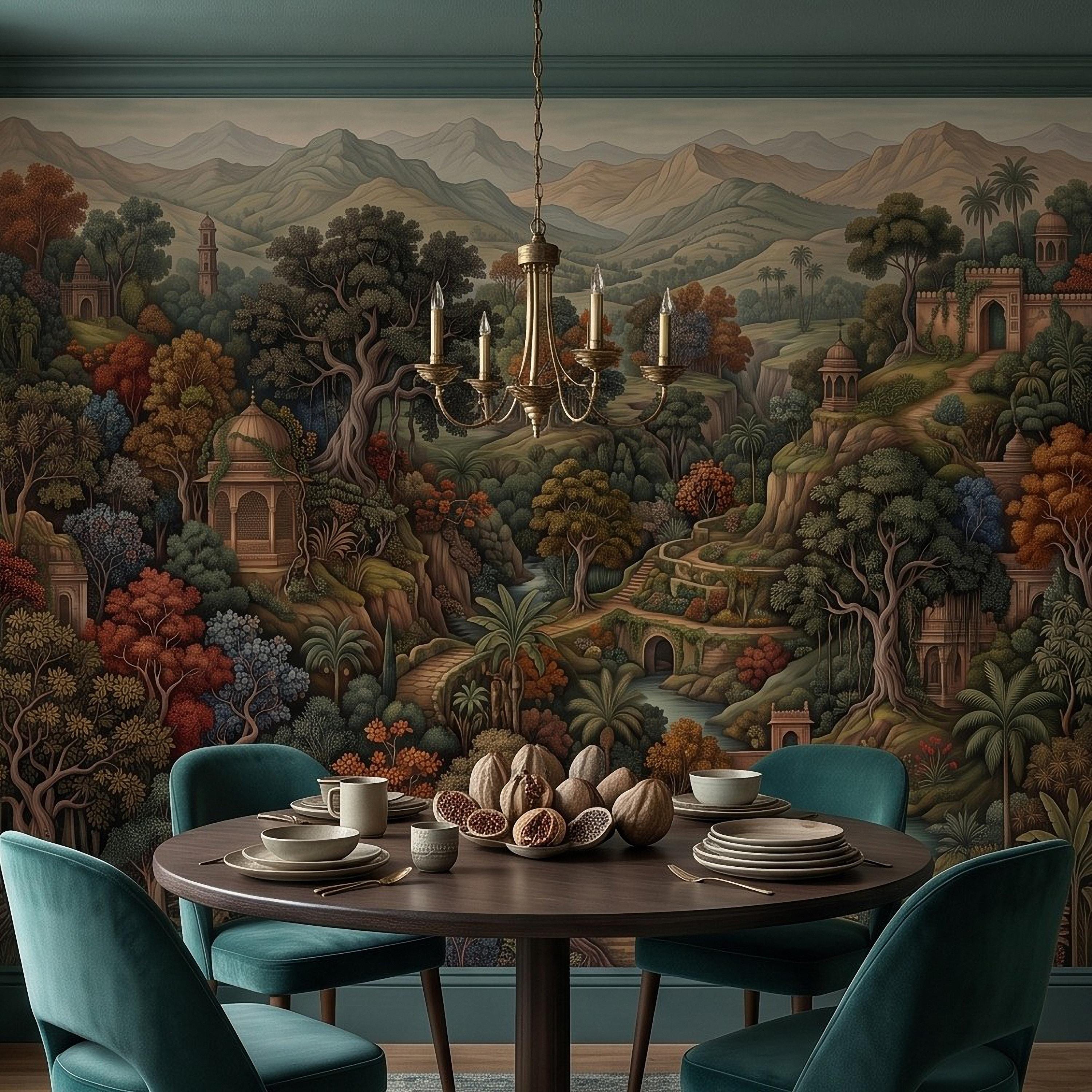 Indian Garden Peel and Stick Wall Mural, Lush Botanical Mountain Landscape Vintage Palace Forest Old World Scenic Painting Wallpaper