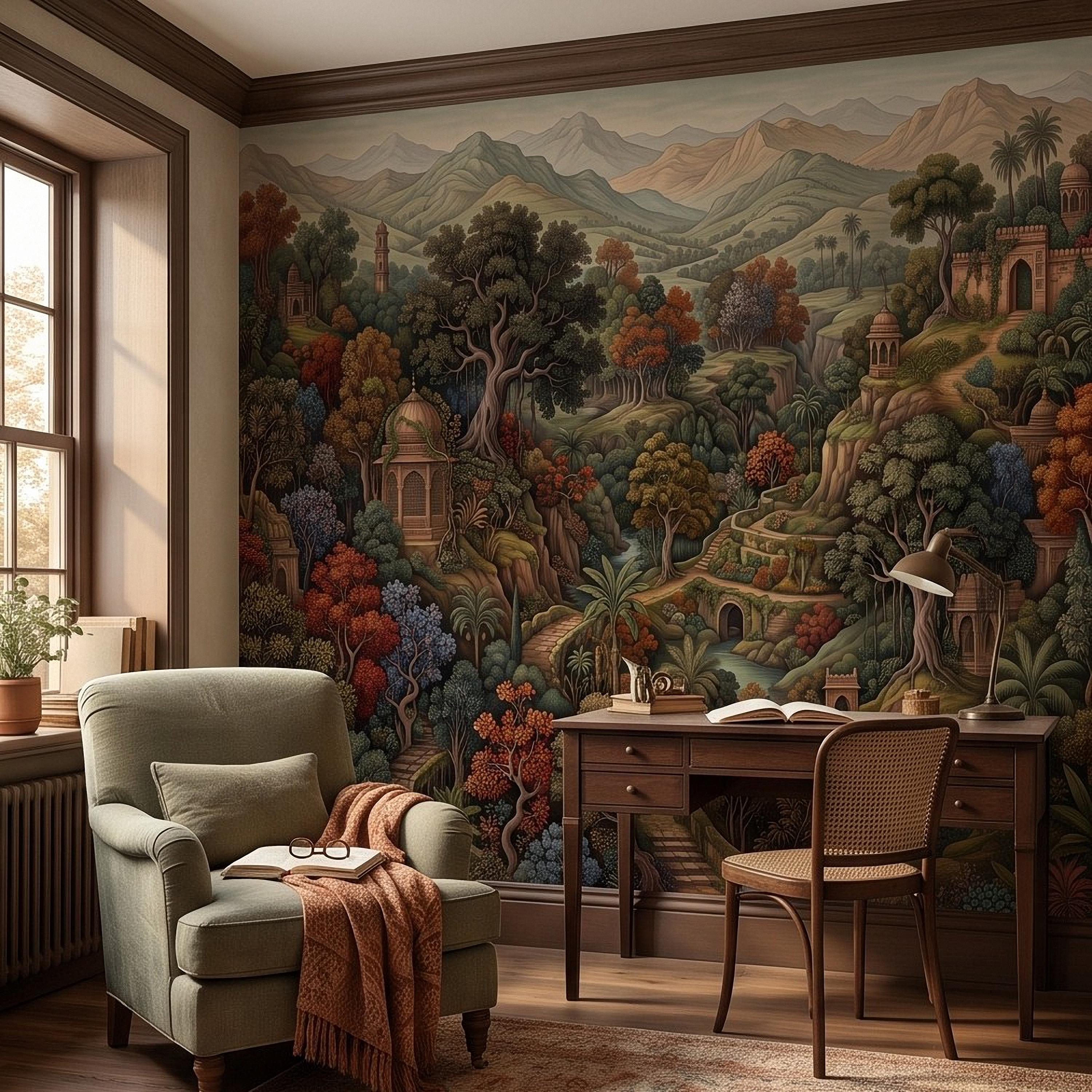 Indian Garden Peel and Stick Wall Mural, Lush Botanical Mountain Landscape Vintage Palace Forest Old World Scenic Painting Wallpaper