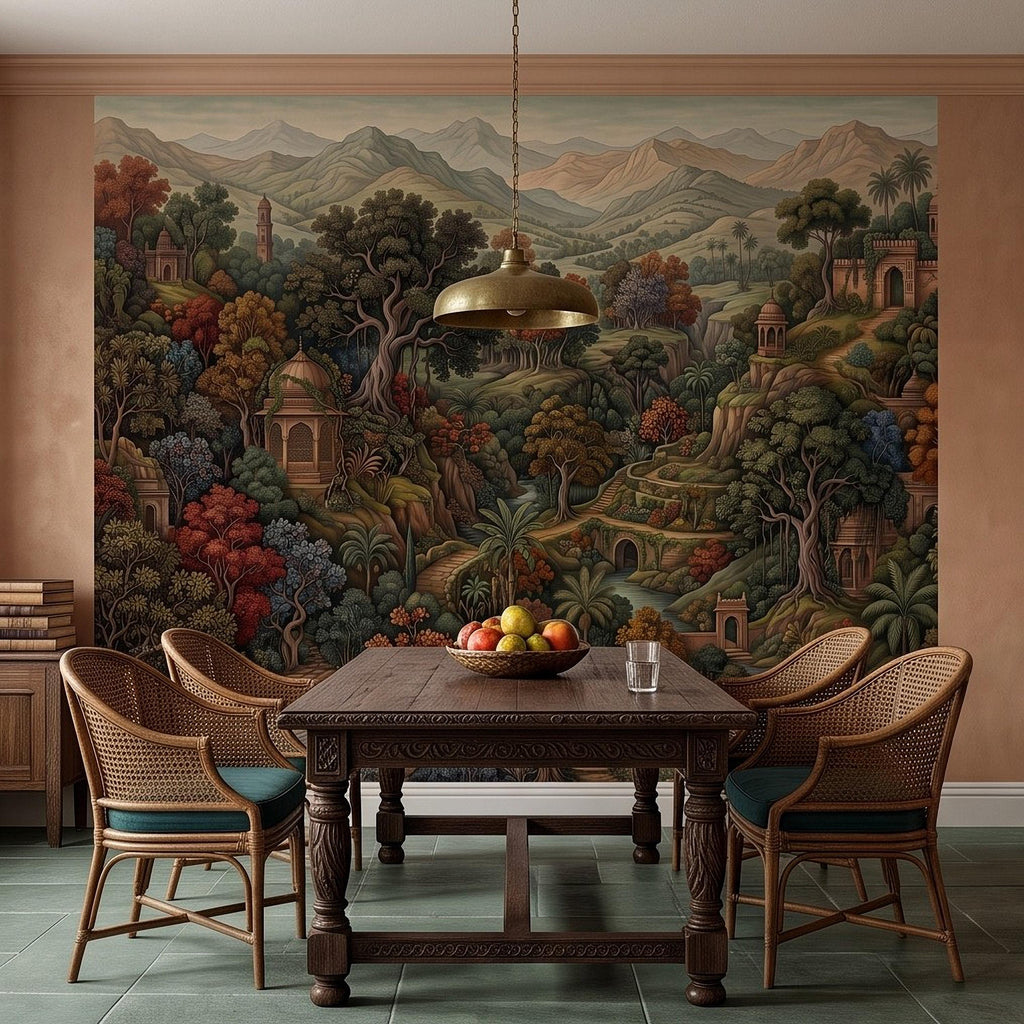 Indian Garden Peel and Stick Wall Mural, Lush Botanical Mountain Landscape Vintage Palace Forest Old World Scenic Painting Wallpaper