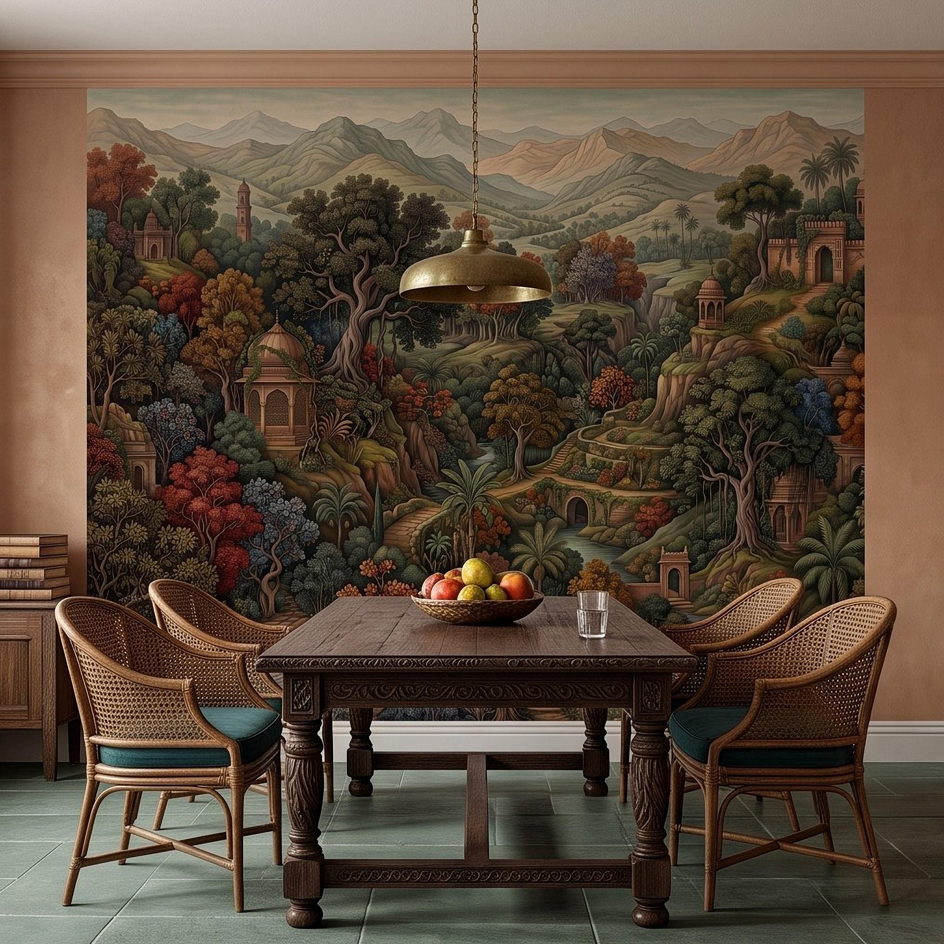 Indian Garden Peel and Stick Wall Mural, Lush Botanical Mountain Landscape Vintage Palace Forest Old World Scenic Painting Wallpaper