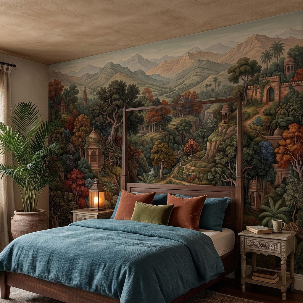 Indian Garden Peel and Stick Wall Mural, Lush Botanical Mountain Landscape Vintage Palace Forest Old World Scenic Painting Wallpaper