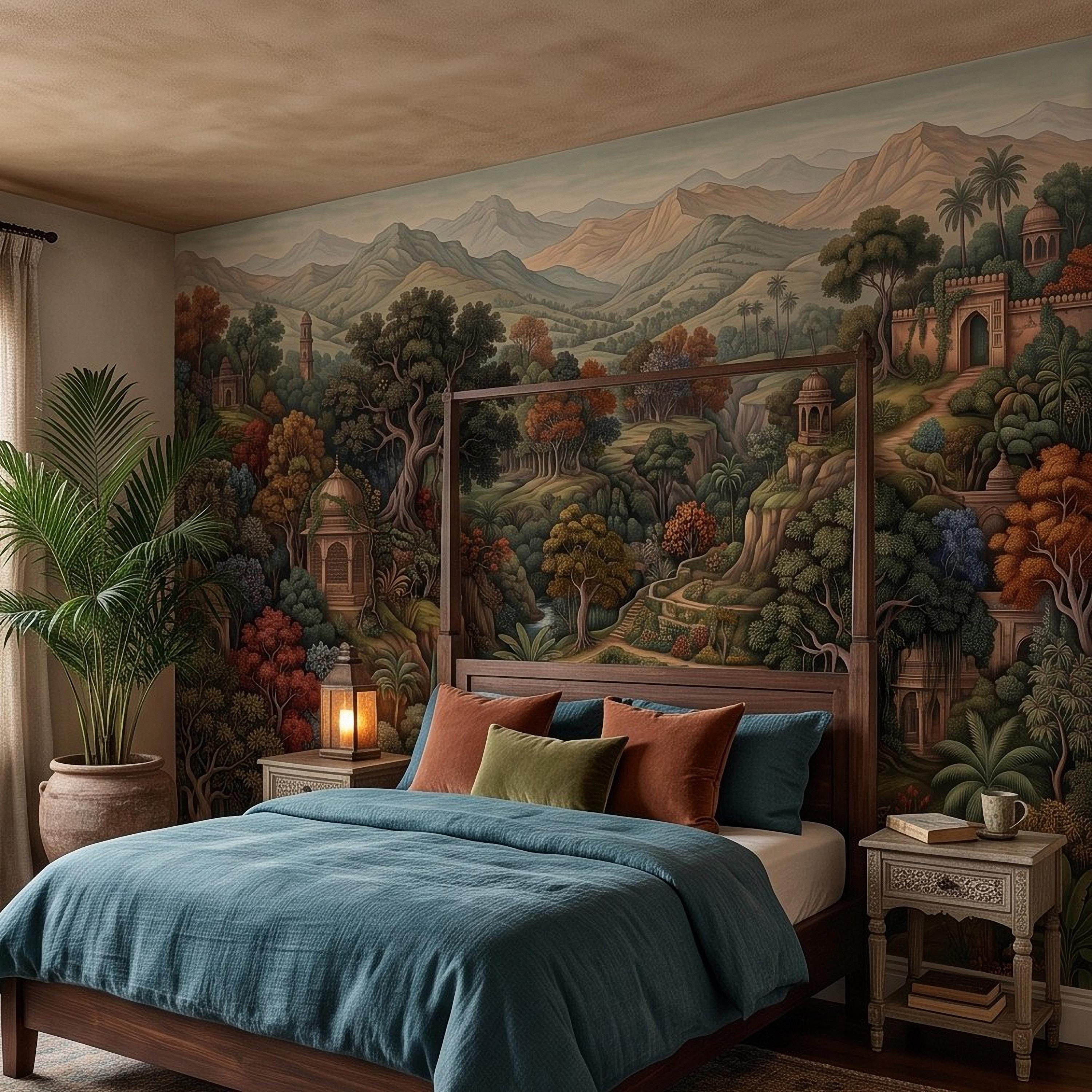 Indian Garden Peel and Stick Wall Mural, Lush Botanical Mountain Landscape Vintage Palace Forest Old World Scenic Painting Wallpaper