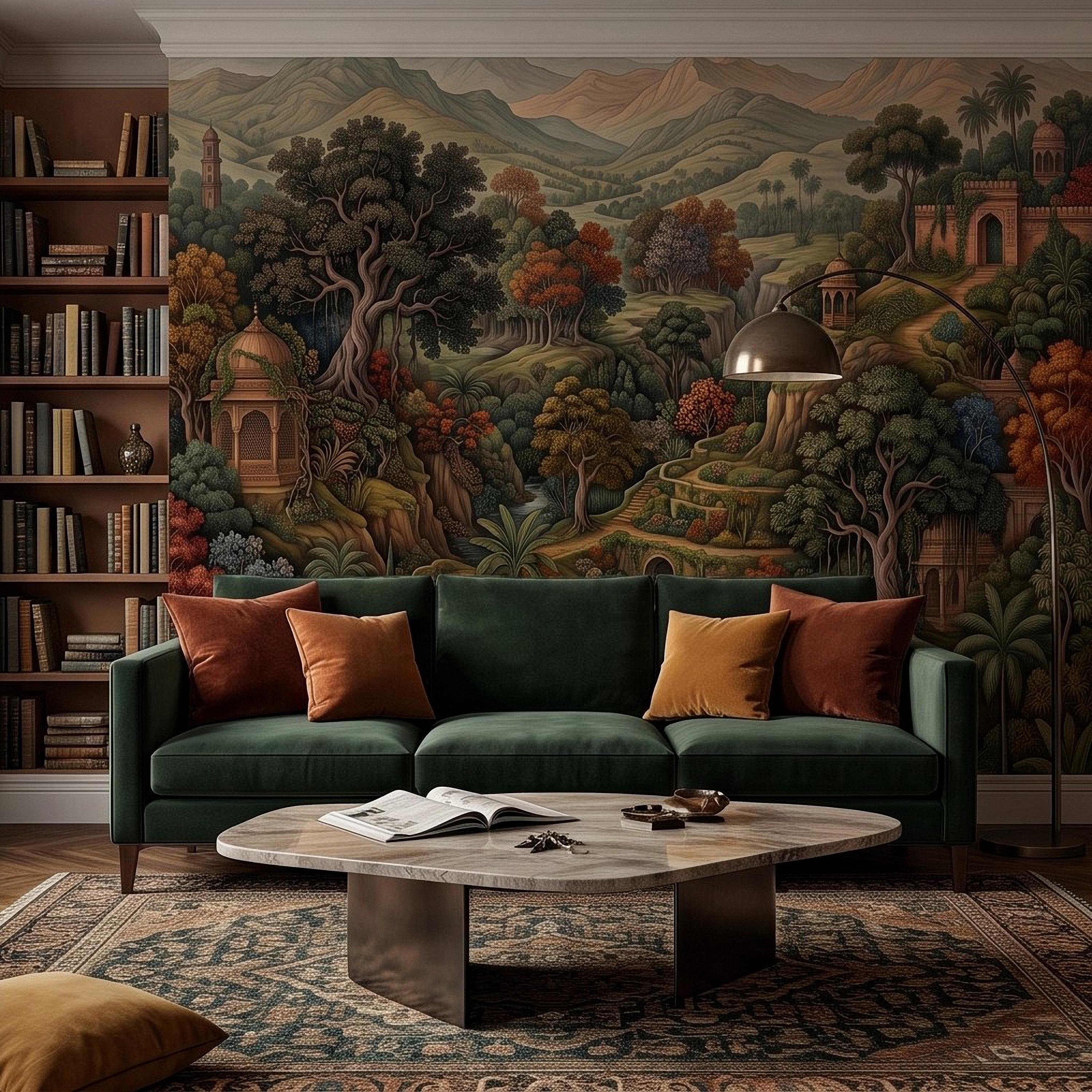 Indian Garden Peel and Stick Wall Mural, Lush Botanical Mountain Landscape Vintage Palace Forest Old World Scenic Painting Wallpaper