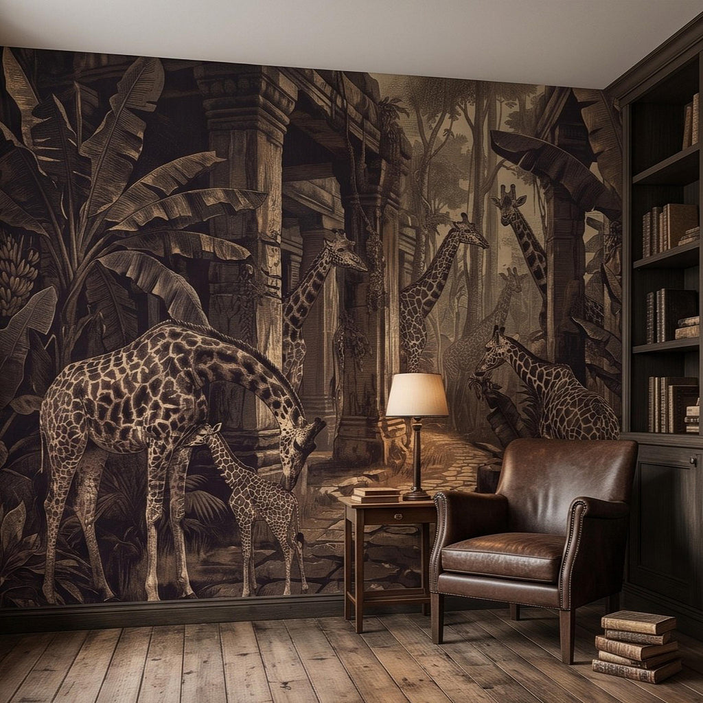 Vintage Giraffe Jungle Peel and Stick Wall Mural, Sepia Tropical Safari Ruins Botanical Wildlife Antique Engraving Scenic Wallpaper