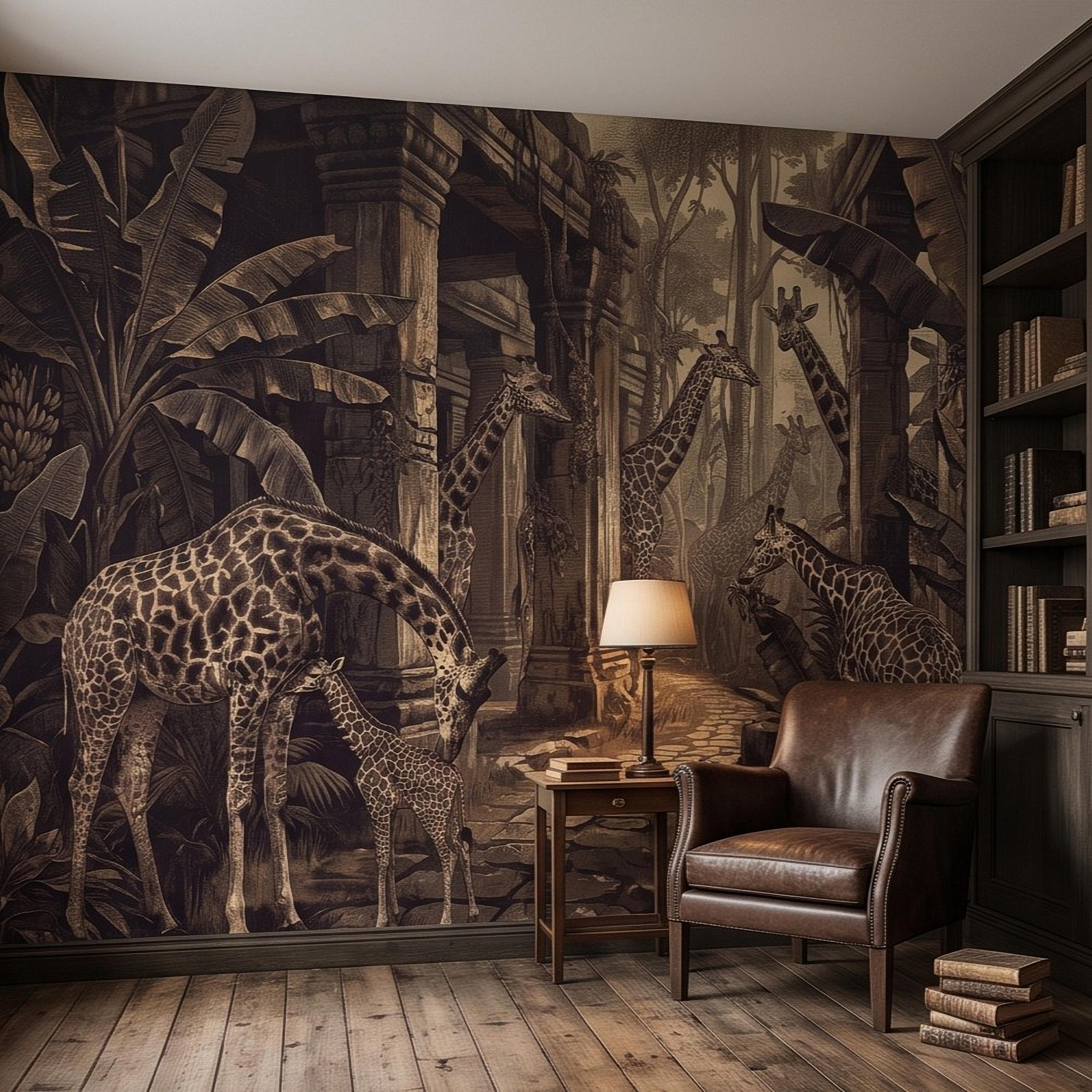 Vintage Giraffe Jungle Peel and Stick Wall Mural, Sepia Tropical Safari Ruins Botanical Wildlife Antique Engraving Scenic Wallpaper