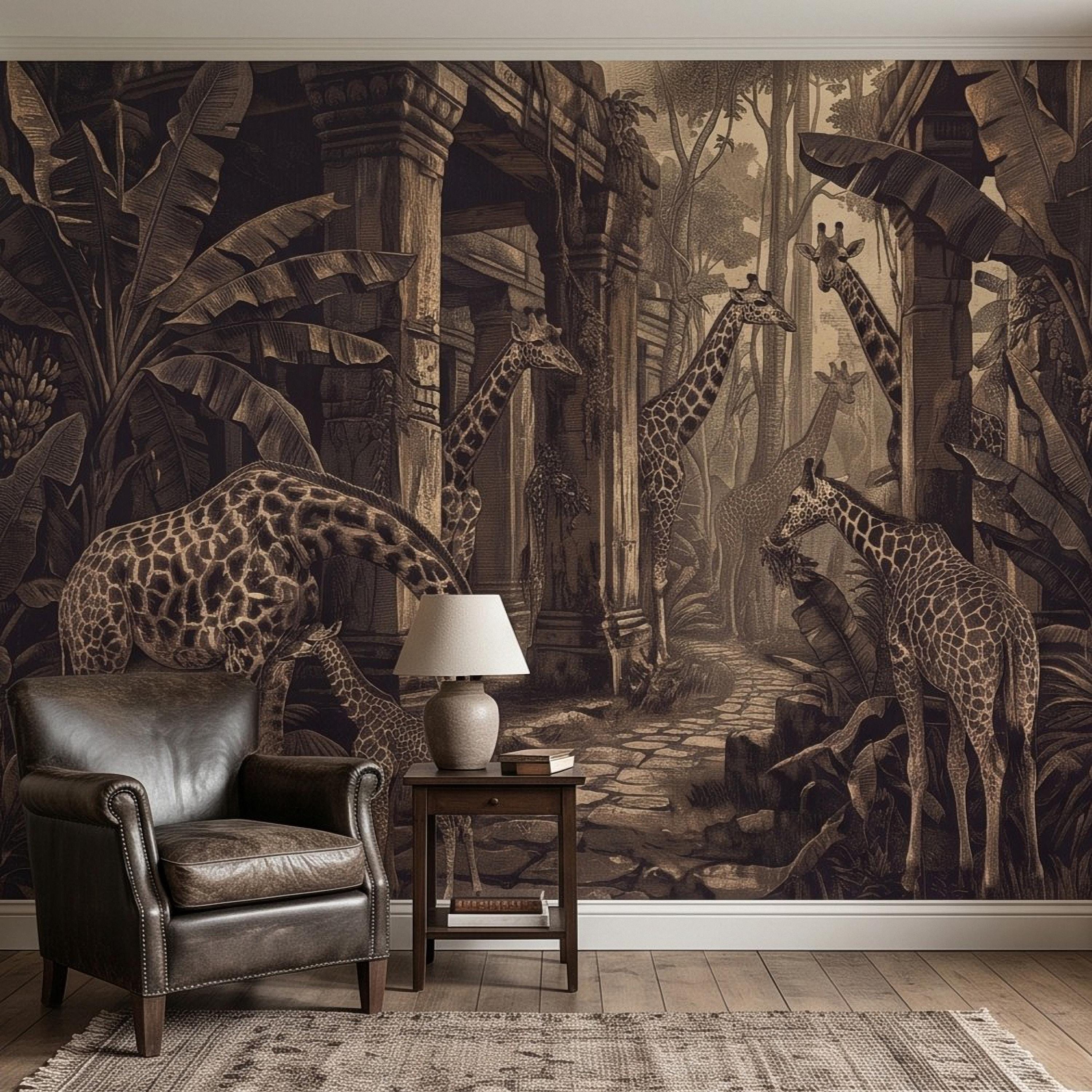 Vintage Giraffe Jungle Peel and Stick Wall Mural, Sepia Tropical Safari Ruins Botanical Wildlife Antique Engraving Scenic Wallpaper