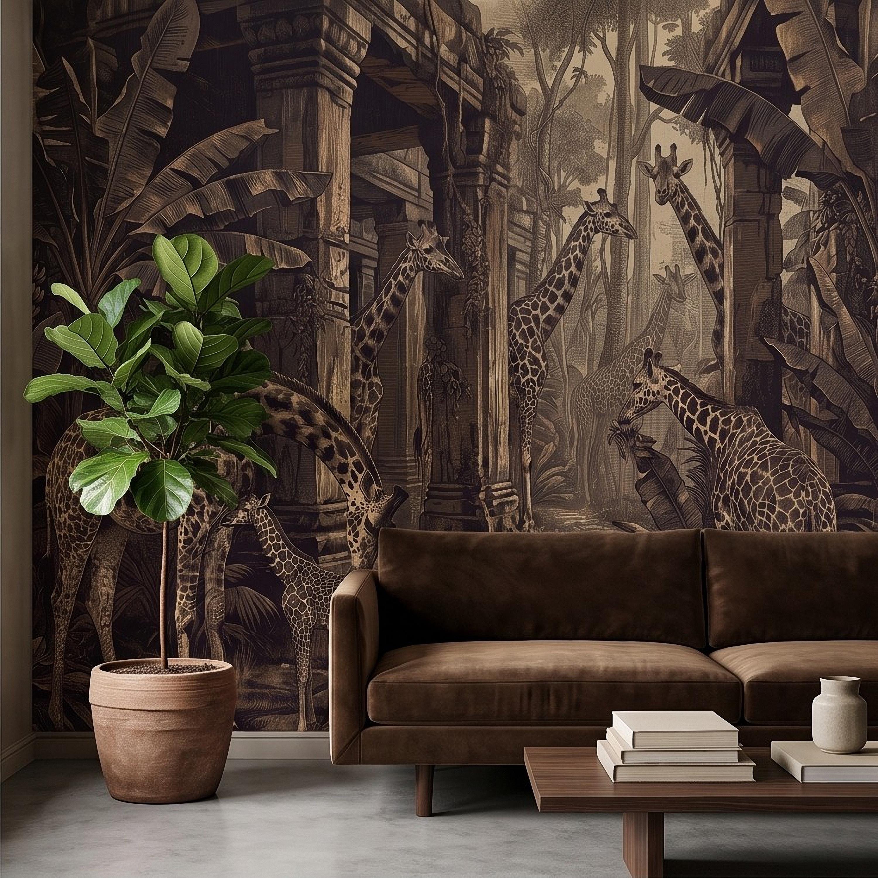 Vintage Giraffe Jungle Peel and Stick Wall Mural, Sepia Tropical Safari Ruins Botanical Wildlife Antique Engraving Scenic Wallpaper