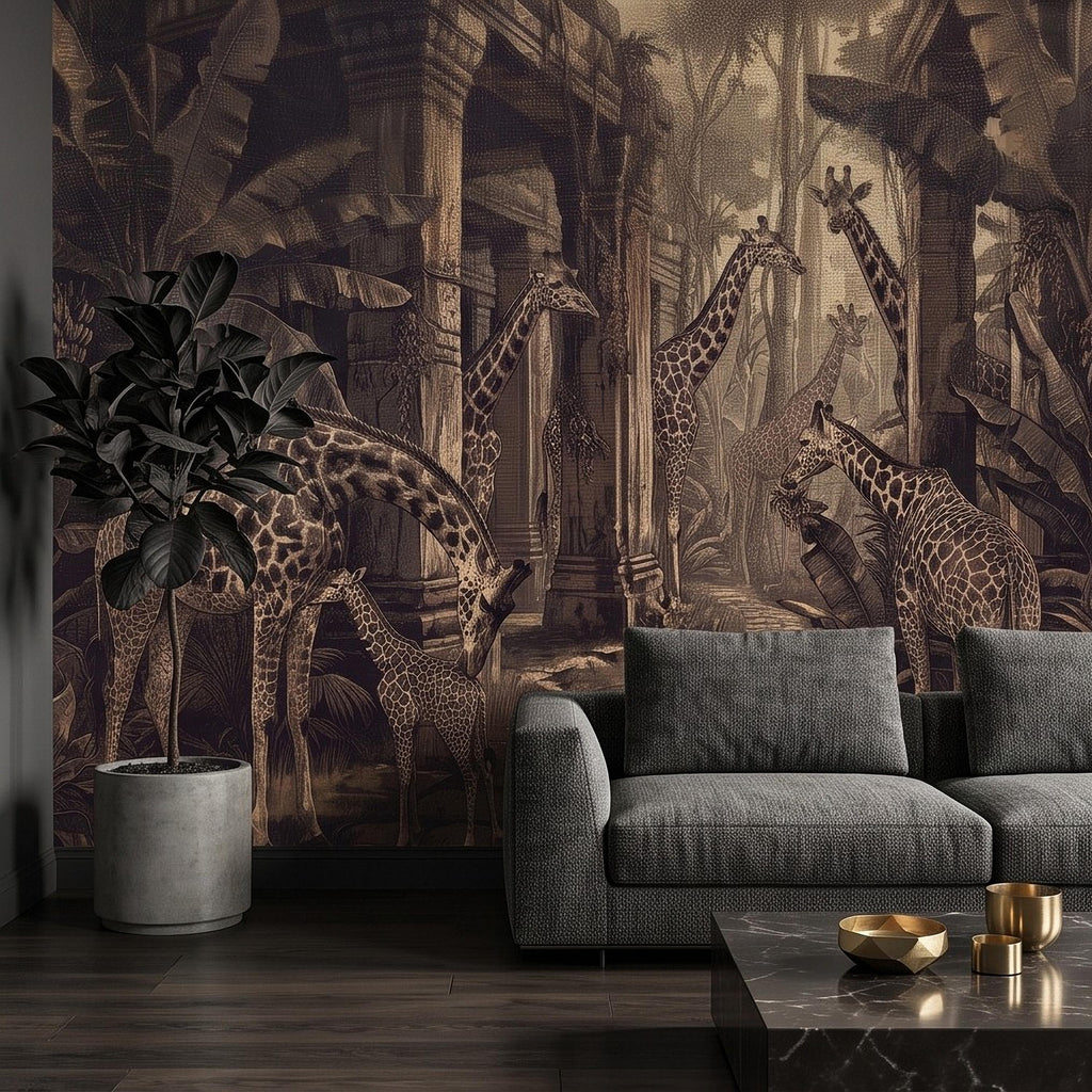 Vintage Giraffe Jungle Peel and Stick Wall Mural, Sepia Tropical Safari Ruins Botanical Wildlife Antique Engraving Scenic Wallpaper