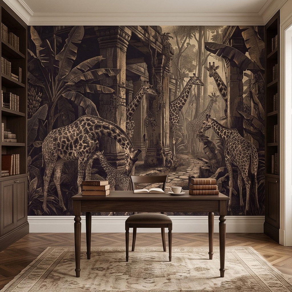 Vintage Giraffe Jungle Peel and Stick Wall Mural, Sepia Tropical Safari Ruins Botanical Wildlife Antique Engraving Scenic Wallpaper