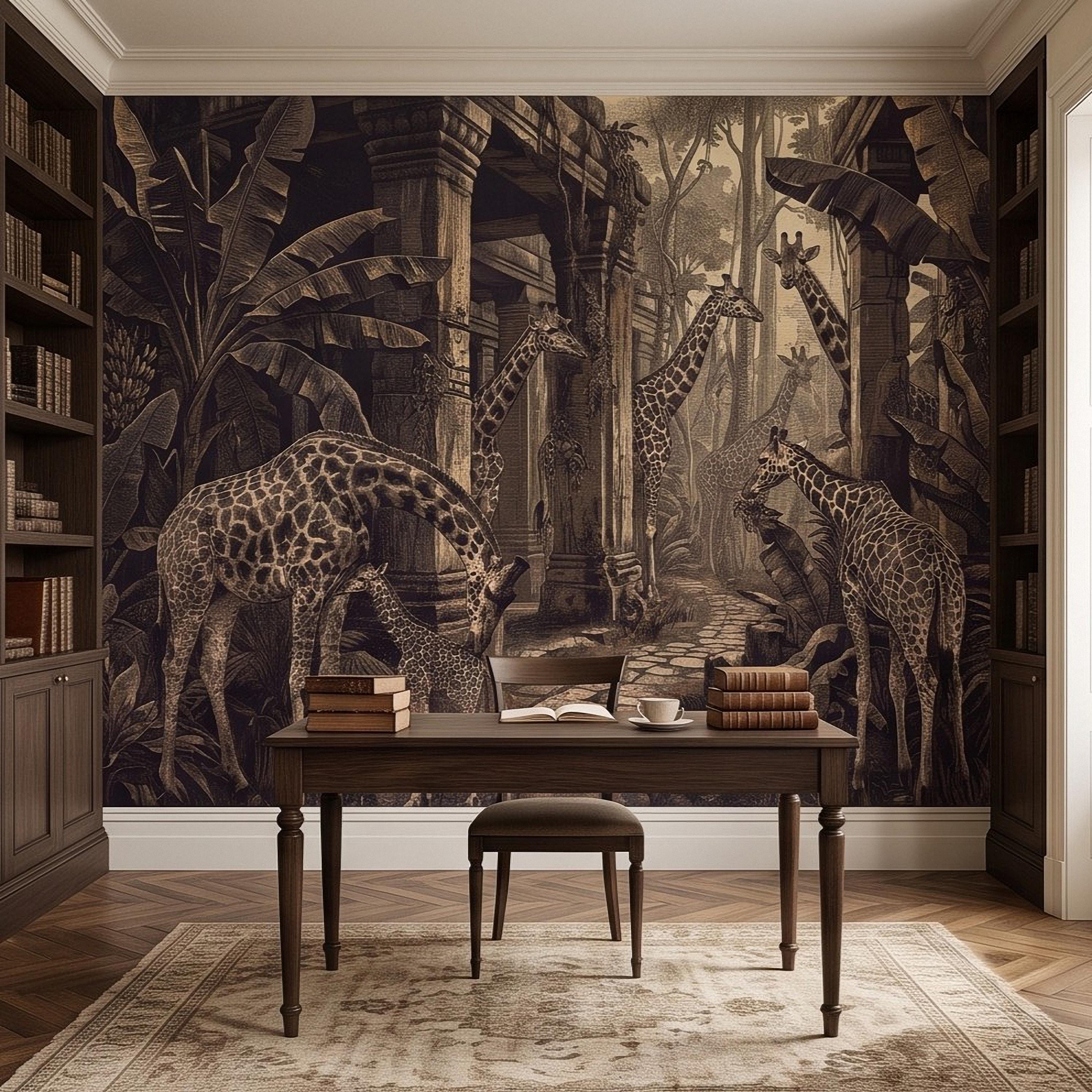Vintage Giraffe Jungle Peel and Stick Wall Mural, Sepia Tropical Safari Ruins Botanical Wildlife Antique Engraving Scenic Wallpaper