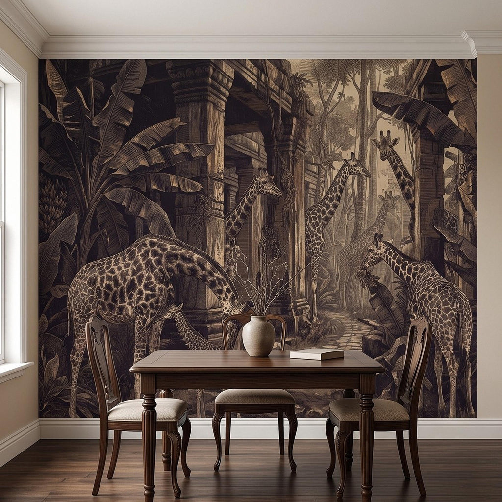Vintage Giraffe Jungle Peel and Stick Wall Mural, Sepia Tropical Safari Ruins Botanical Wildlife Antique Engraving Scenic Wallpaper