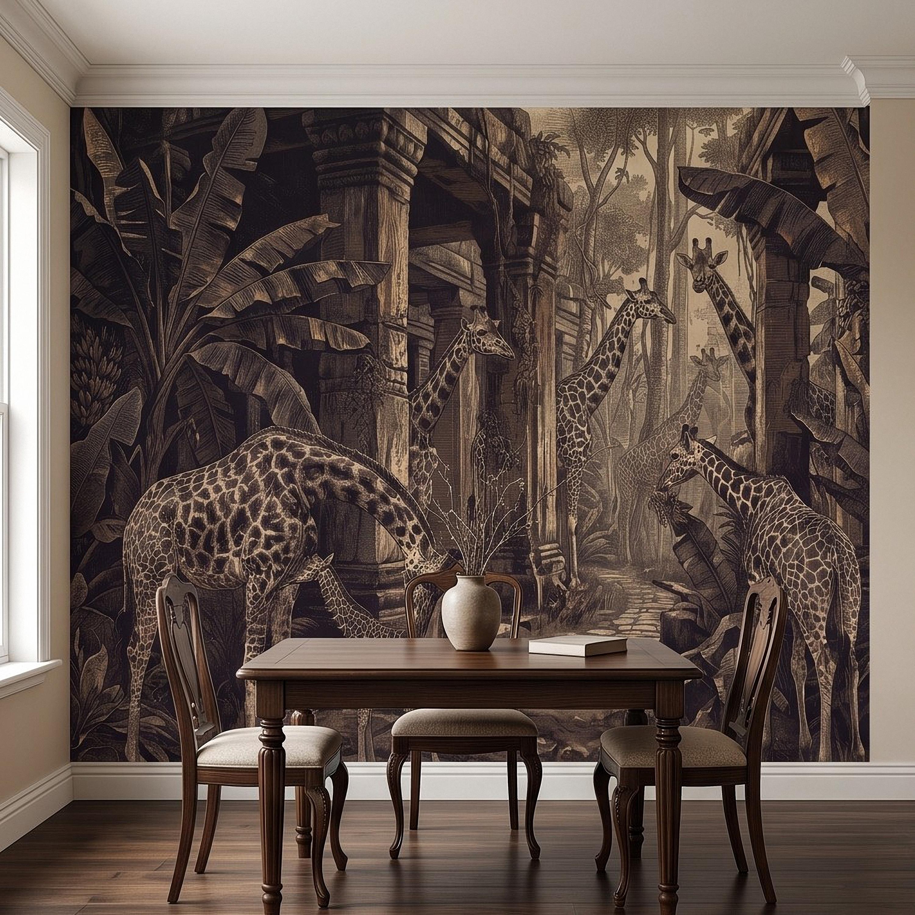 Vintage Giraffe Jungle Peel and Stick Wall Mural, Sepia Tropical Safari Ruins Botanical Wildlife Antique Engraving Scenic Wallpaper