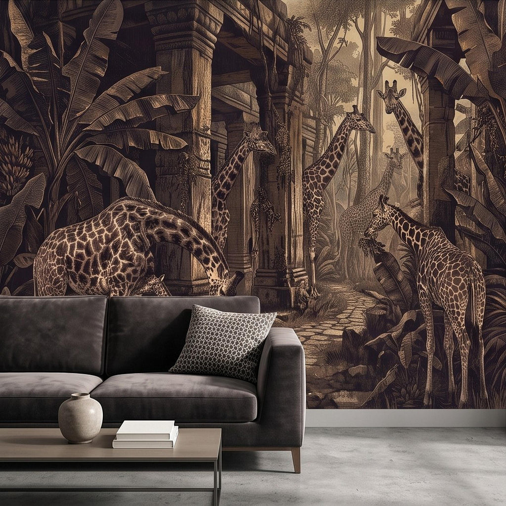 Vintage Giraffe Jungle Peel and Stick Wall Mural, Sepia Tropical Safari Ruins Botanical Wildlife Antique Engraving Scenic Wallpaper