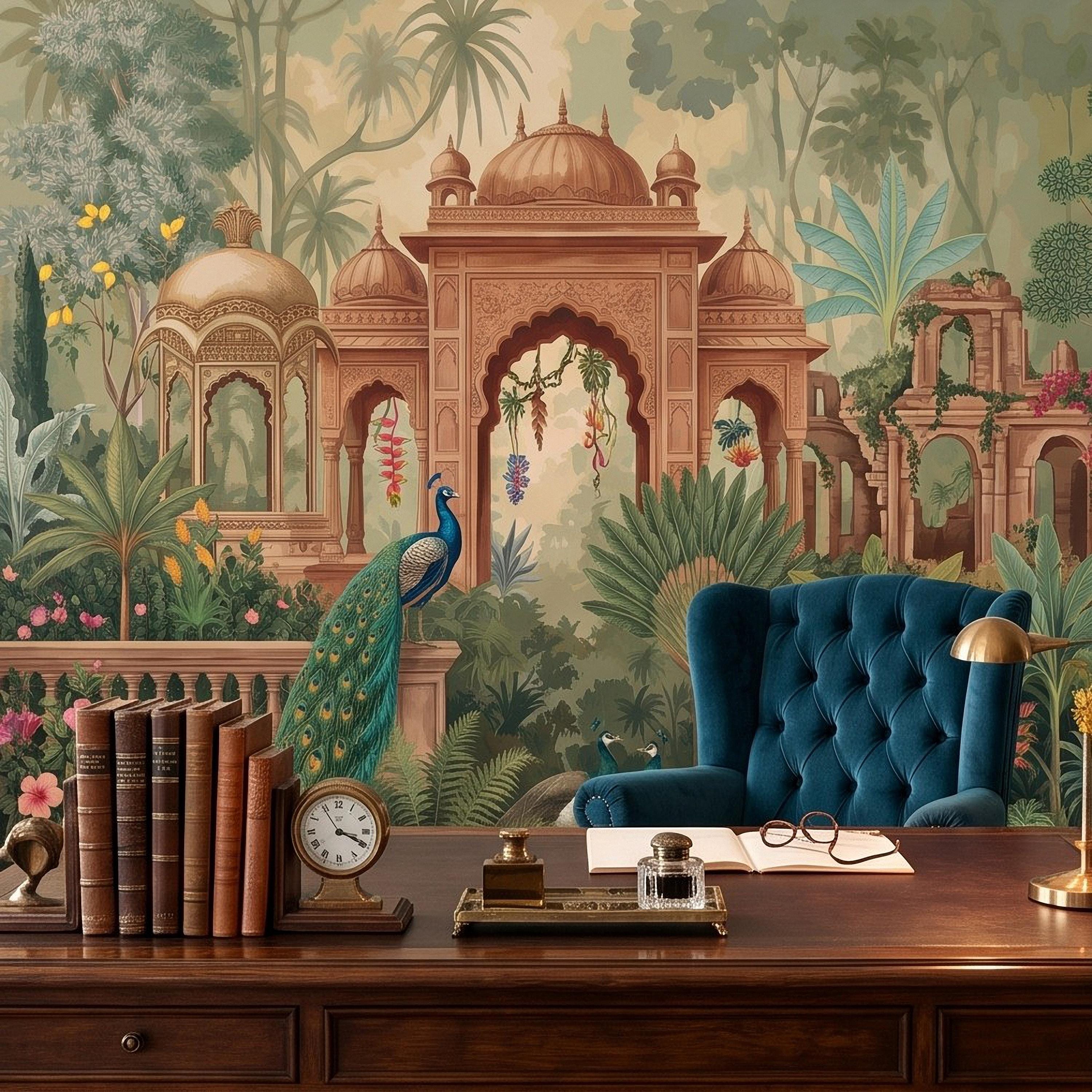Indian Garden Peacock Peel and Stick Wall Mural, Tropical Botanical Palace Arches Exotic Birds Vintage Chinoiserie Scenic Wallpaper