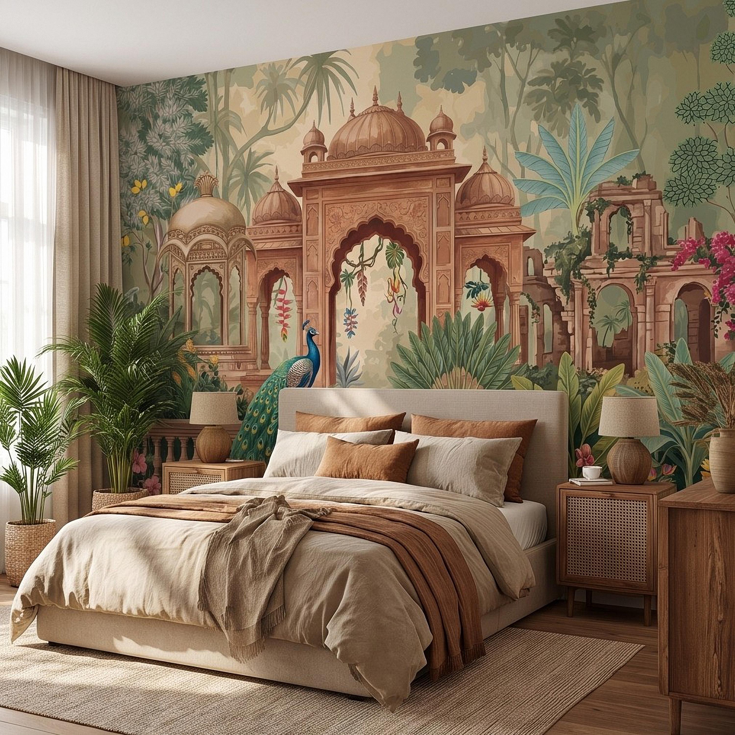 Indian Garden Peacock Peel and Stick Wall Mural, Tropical Botanical Palace Arches Exotic Birds Vintage Chinoiserie Scenic Wallpaper