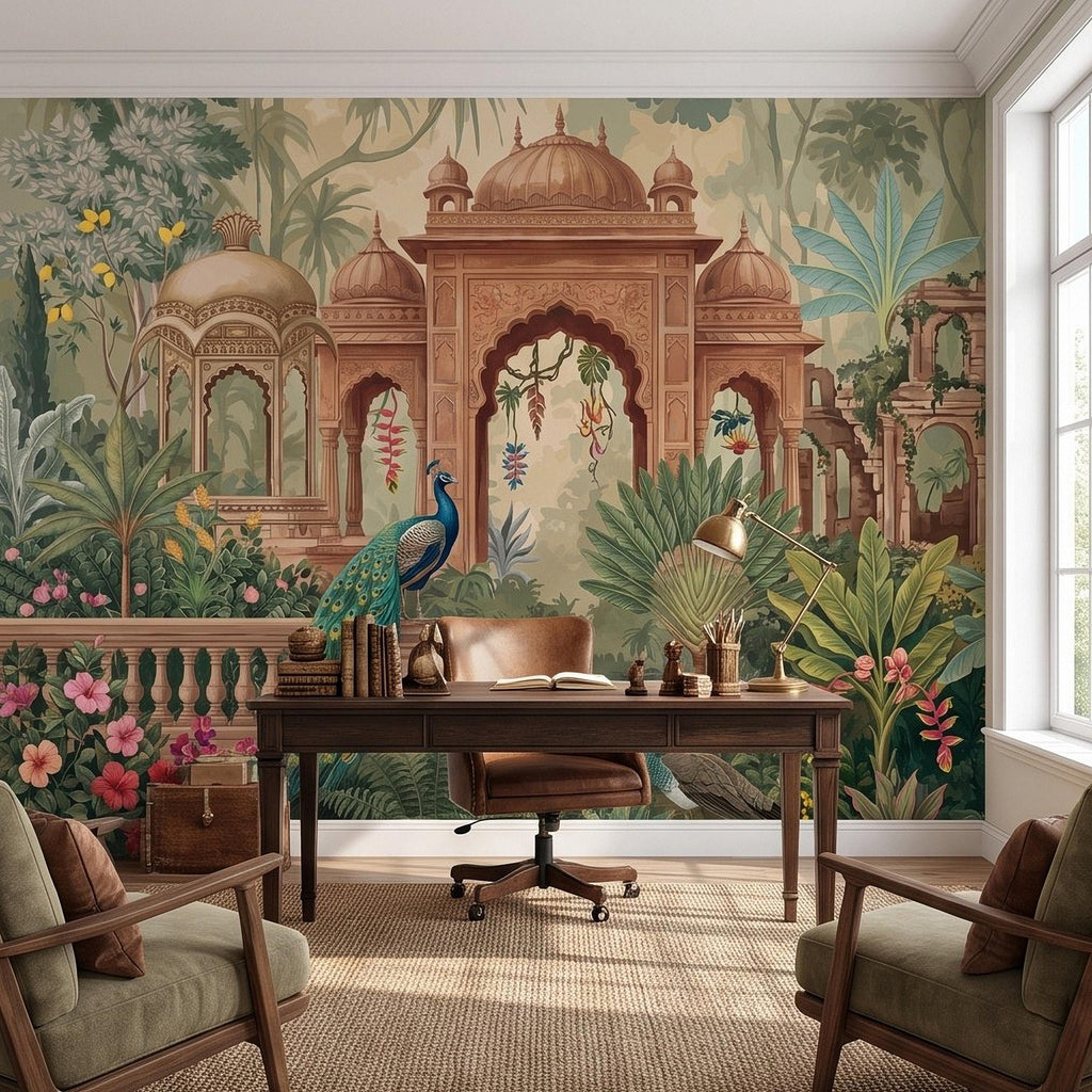 Indian Garden Peacock Peel and Stick Wall Mural, Tropical Botanical Palace Arches Exotic Birds Vintage Chinoiserie Scenic Wallpaper