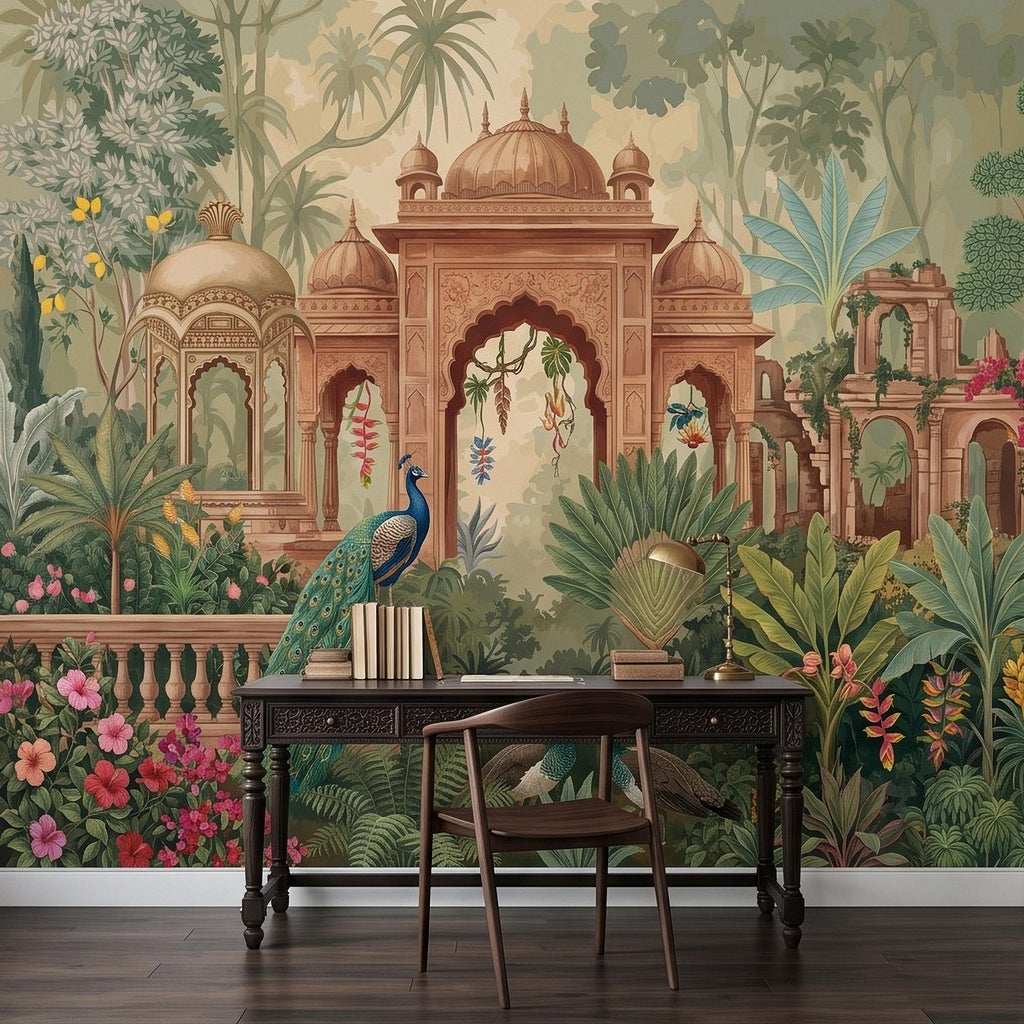 Indian Garden Peacock Peel and Stick Wall Mural, Tropical Botanical Palace Arches Exotic Birds Vintage Chinoiserie Scenic Wallpaper