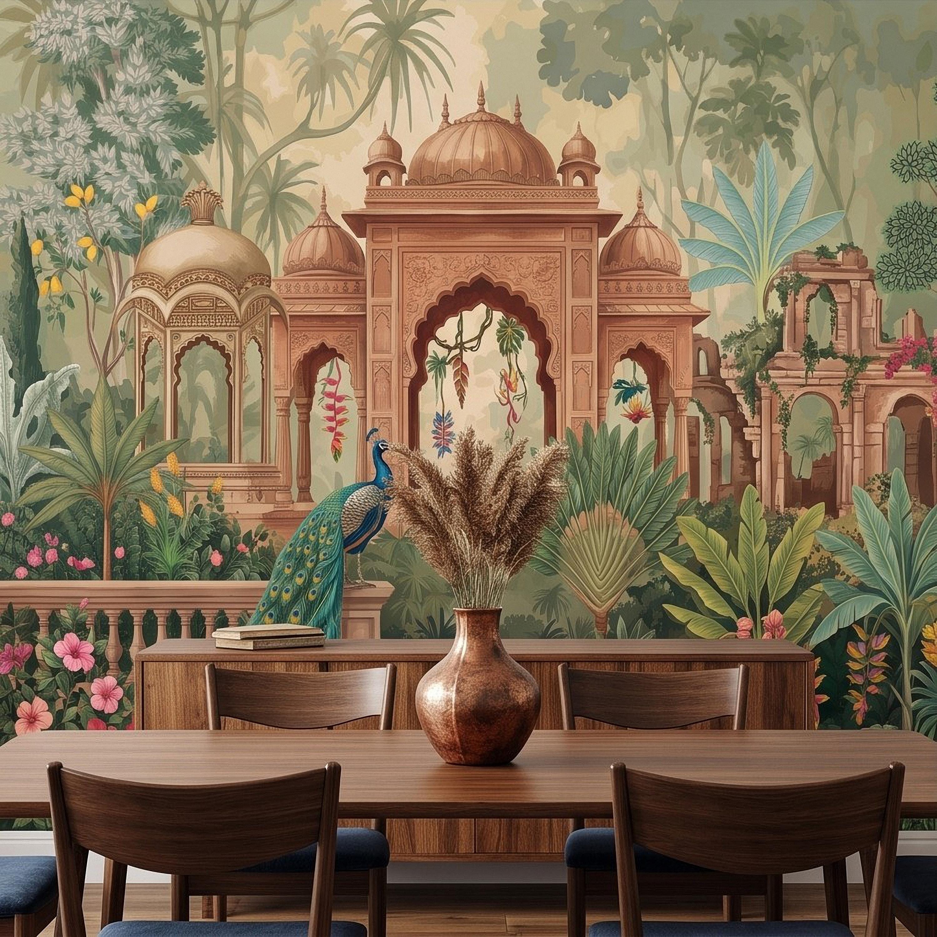 Indian Garden Peacock Peel and Stick Wall Mural, Tropical Botanical Palace Arches Exotic Birds Vintage Chinoiserie Scenic Wallpaper