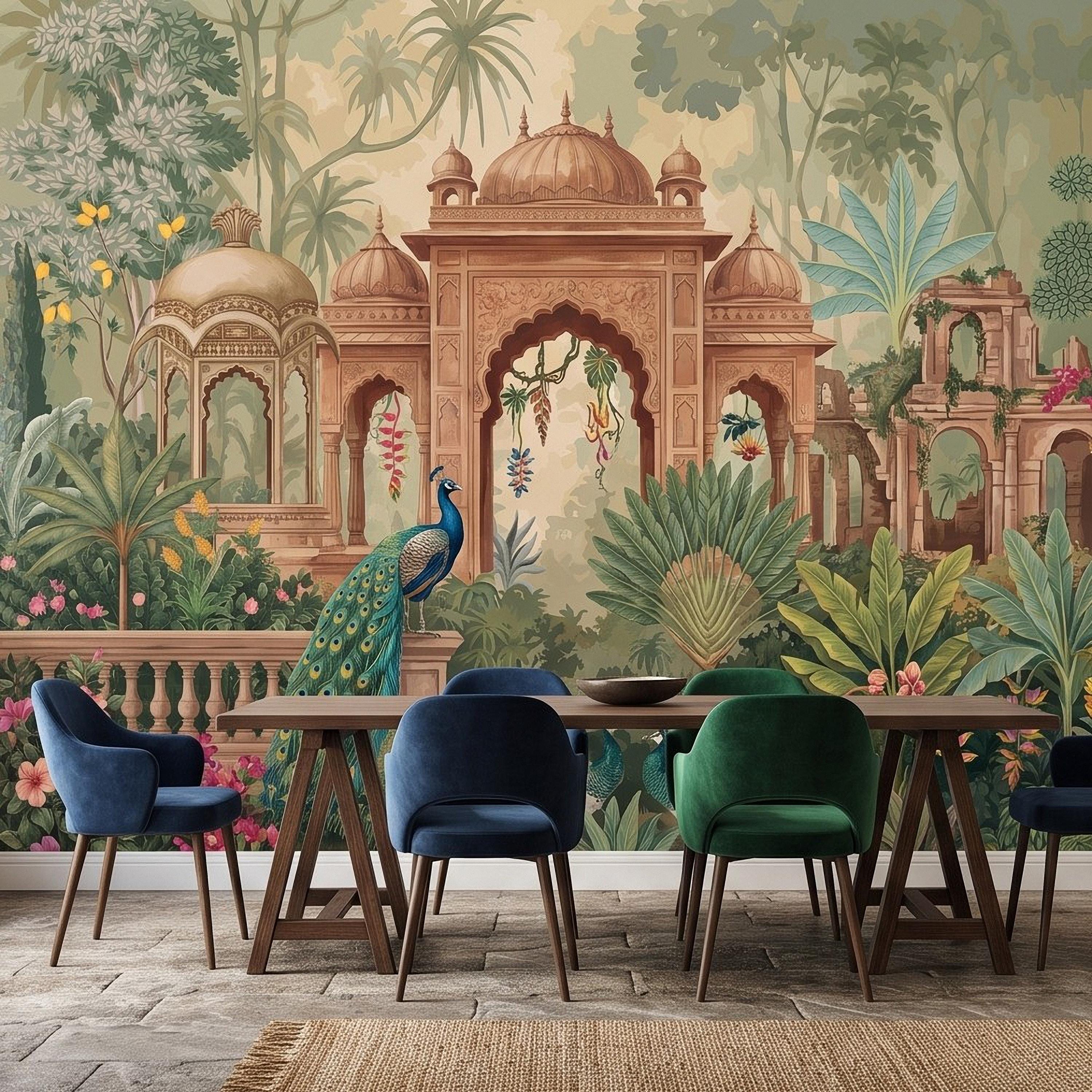 Indian Garden Peacock Peel and Stick Wall Mural, Tropical Botanical Palace Arches Exotic Birds Vintage Chinoiserie Scenic Wallpaper