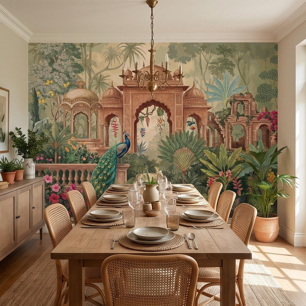 Indian Garden Peacock Peel and Stick Wall Mural, Tropical Botanical Palace Arches Exotic Birds Vintage Chinoiserie Scenic Wallpaper