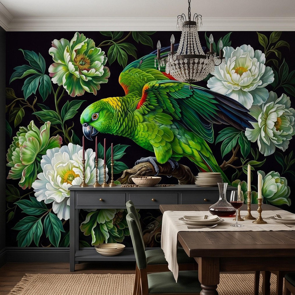 Green Parrot Peel and Stick Wall Mural, White Peony Flowers Tropical Botanical Bird Dark Floral Vintage Chinoiserie Painting Wallpaper