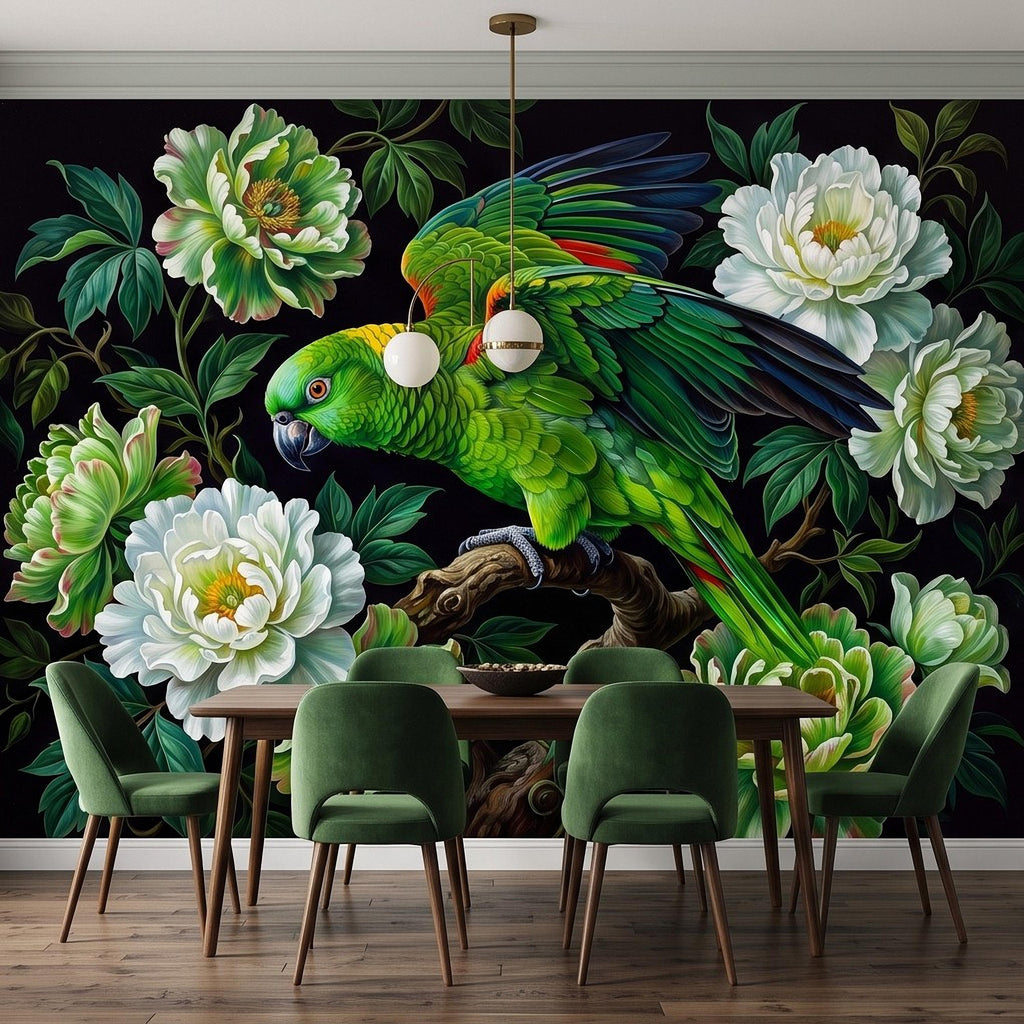Green Parrot Peel and Stick Wall Mural, White Peony Flowers Tropical Botanical Bird Dark Floral Vintage Chinoiserie Painting Wallpaper
