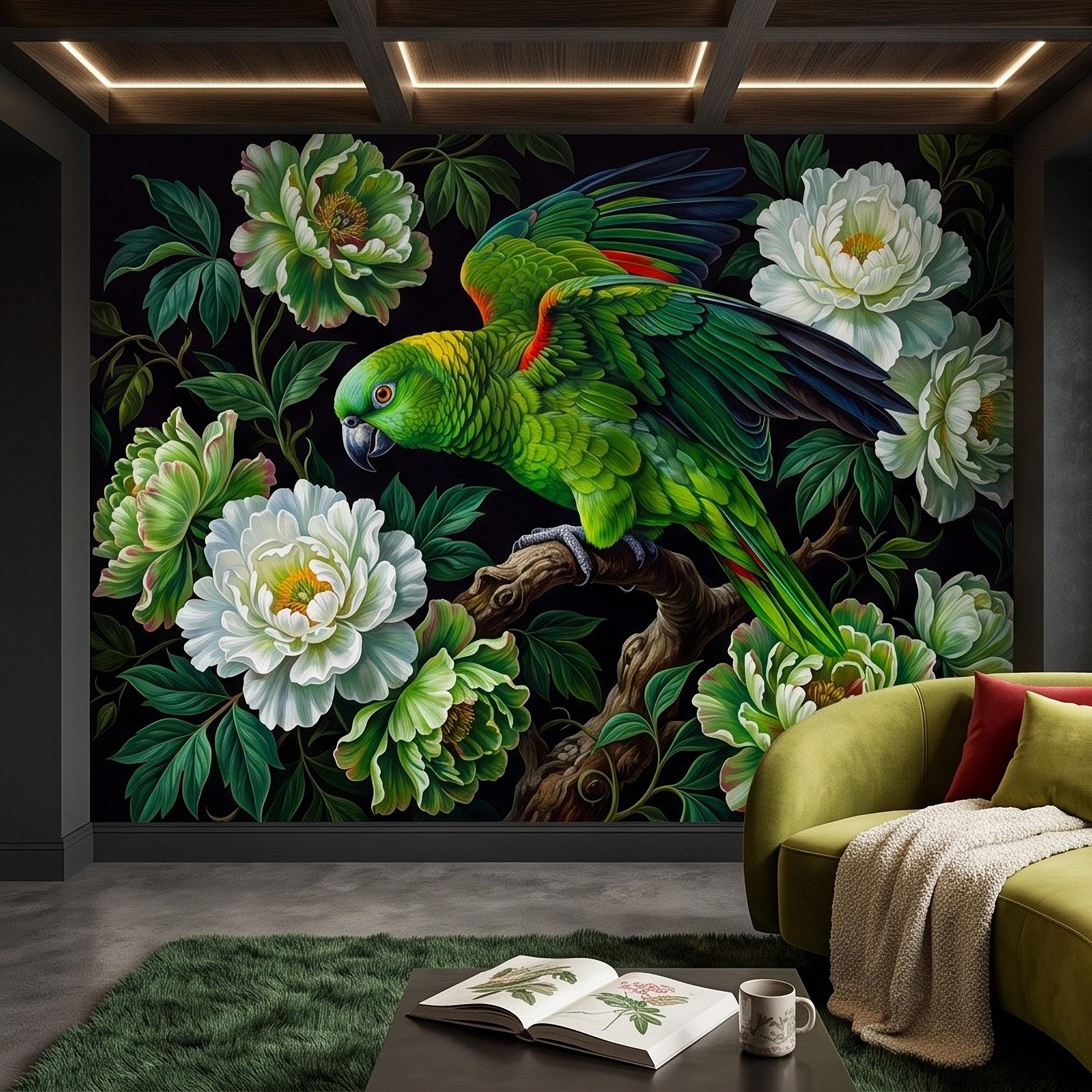 Green Parrot Peel and Stick Wall Mural, White Peony Flowers Tropical Botanical Bird Dark Floral Vintage Chinoiserie Painting Wallpaper
