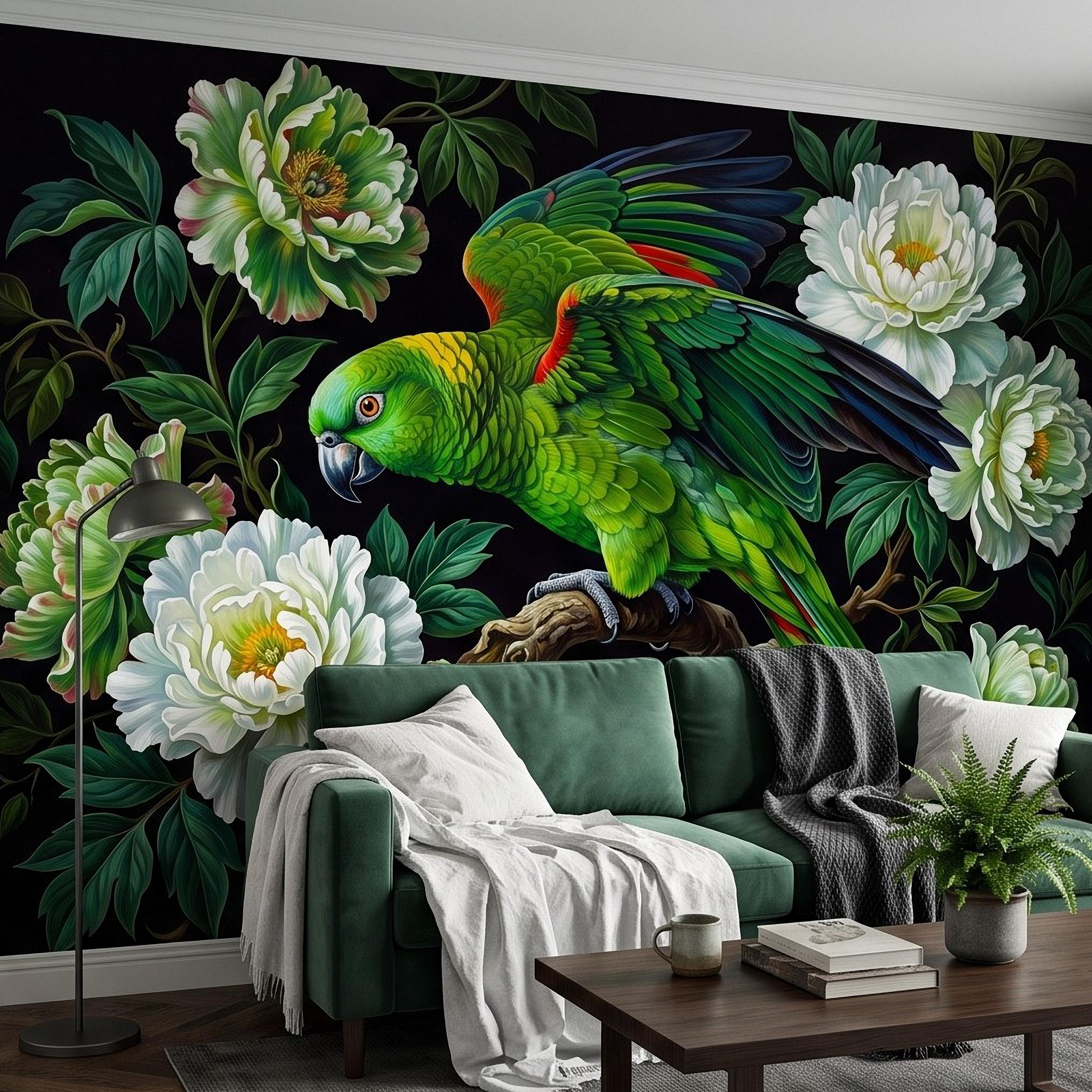 Green Parrot Peel and Stick Wall Mural, White Peony Flowers Tropical Botanical Bird Dark Floral Vintage Chinoiserie Painting Wallpaper