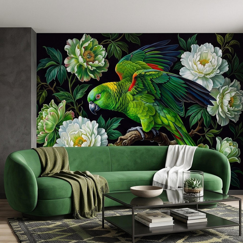 Green Parrot Peel and Stick Wall Mural, White Peony Flowers Tropical Botanical Bird Dark Floral Vintage Chinoiserie Painting Wallpaper