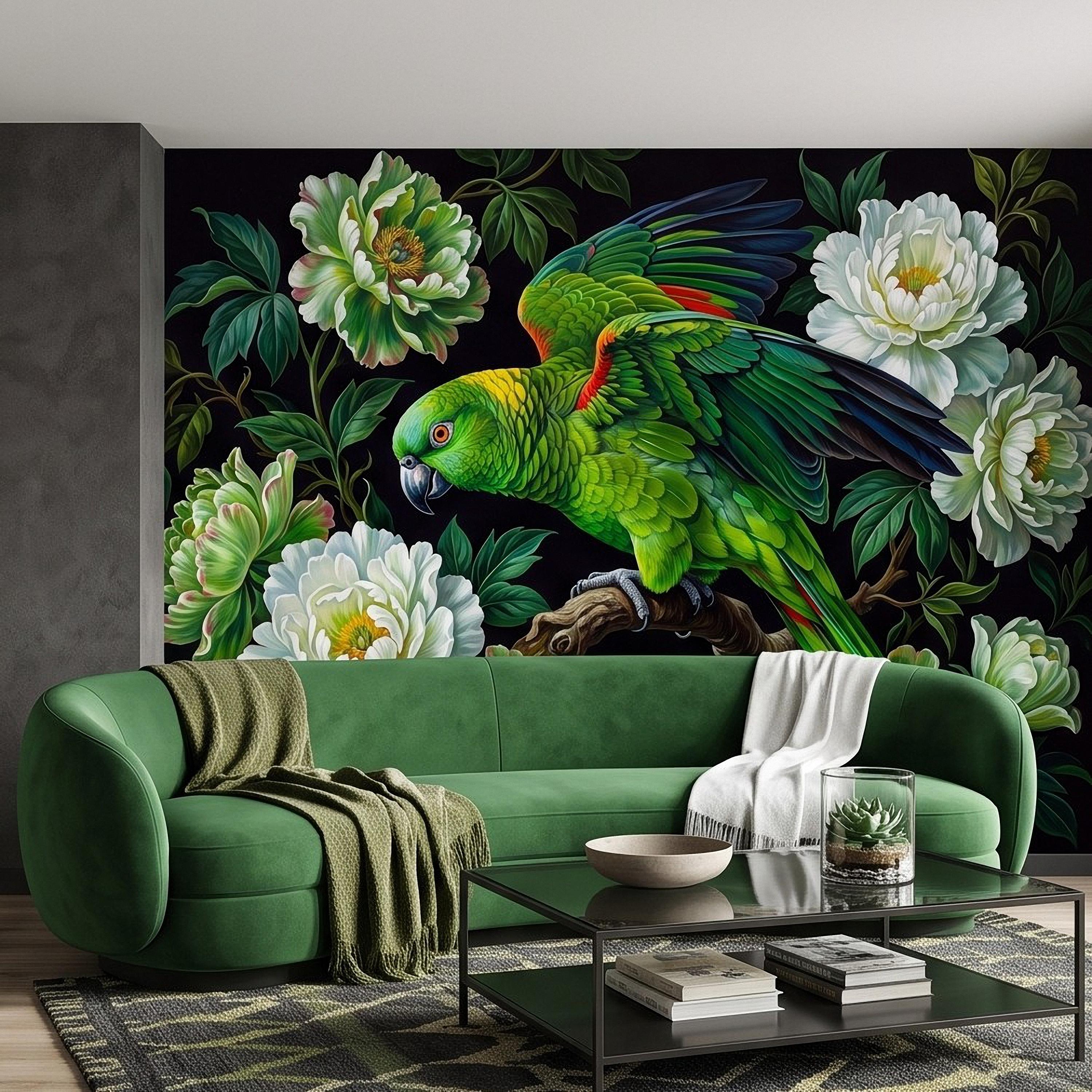 Green Parrot Peel and Stick Wall Mural, White Peony Flowers Tropical Botanical Bird Dark Floral Vintage Chinoiserie Painting Wallpaper