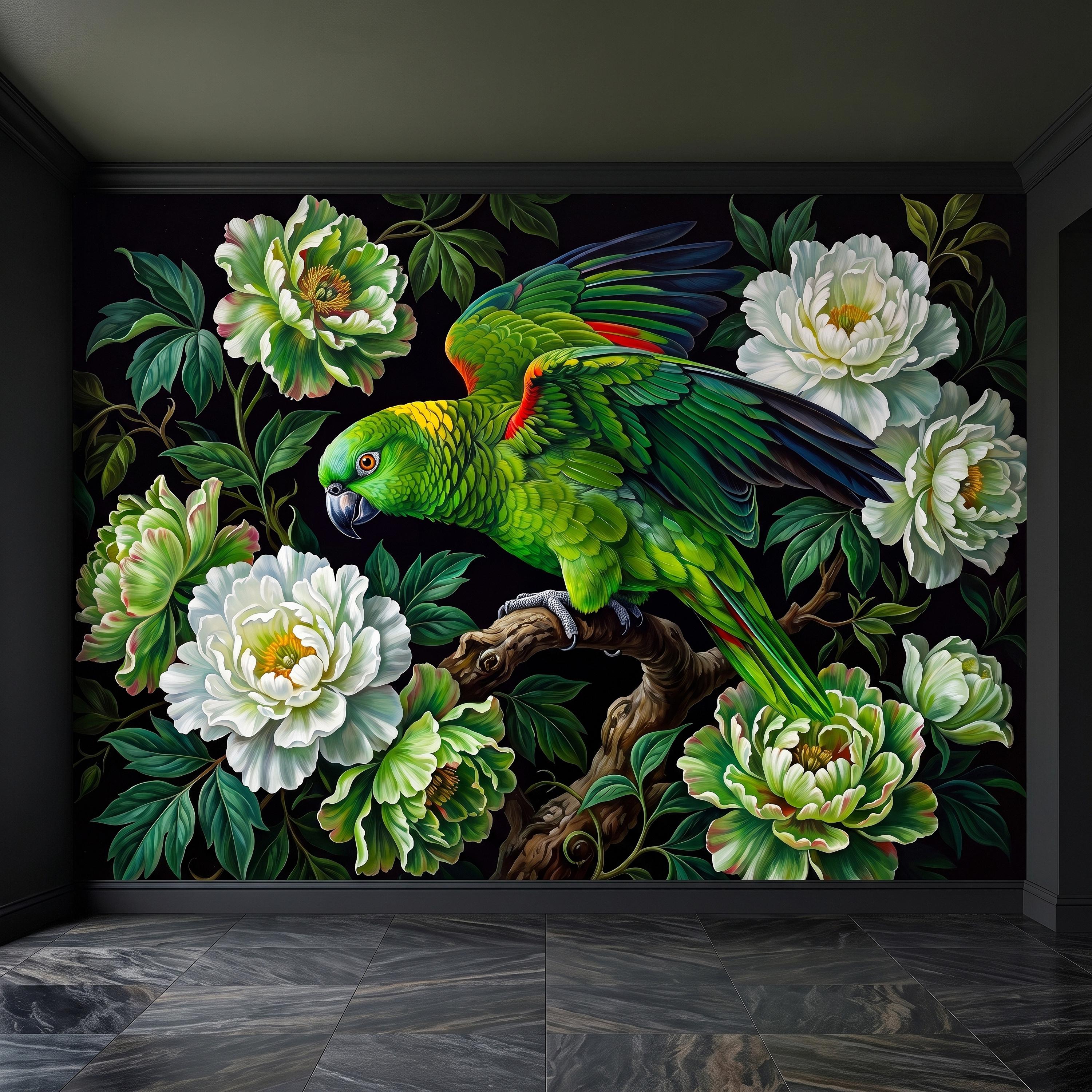 Green Parrot Peel and Stick Wall Mural, White Peony Flowers Tropical Botanical Bird Dark Floral Vintage Chinoiserie Painting Wallpaper