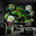 Green Parrot Peel and Stick Wall Mural, White Peony Flowers Tropical Botanical Bird Dark Floral Vintage Chinoiserie Painting Wallpaper